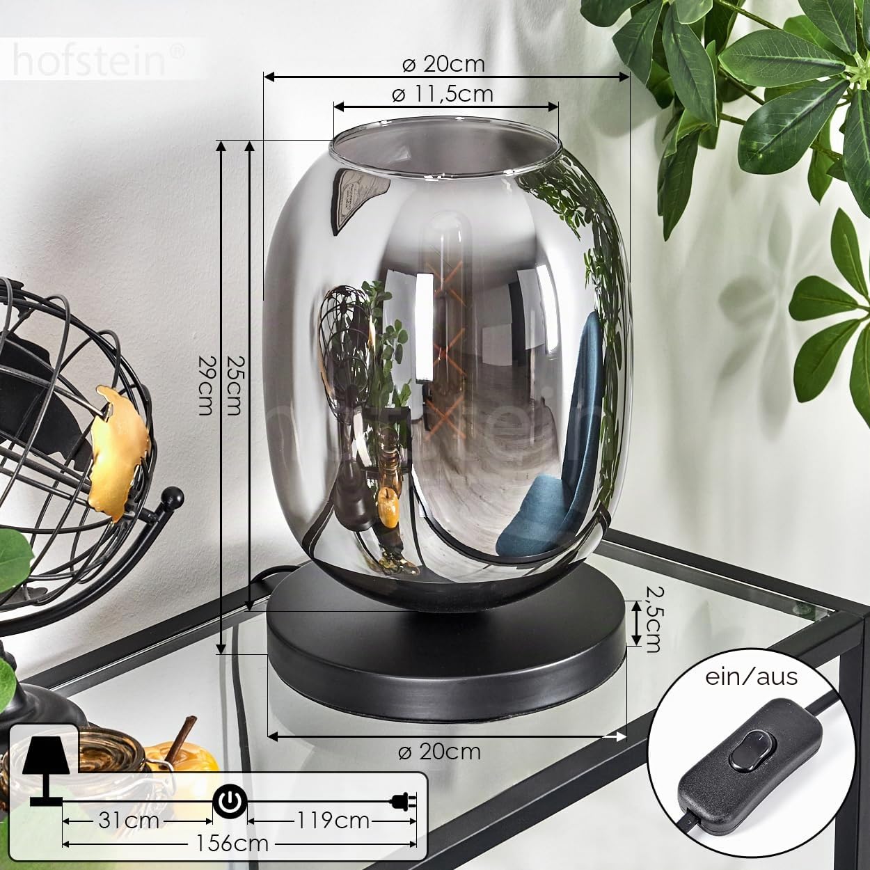 Tischleuchte Apedo, Tischlampe aus Metall/Glas in Schwarz/Rauchfarben, Leuchte im modernen Retro/Vintage-Design mit Schirm aus Glas (Ø 20 cm) u. An/-Auschalter am Kabel, 1 x E27, ohne Leuchtmittel