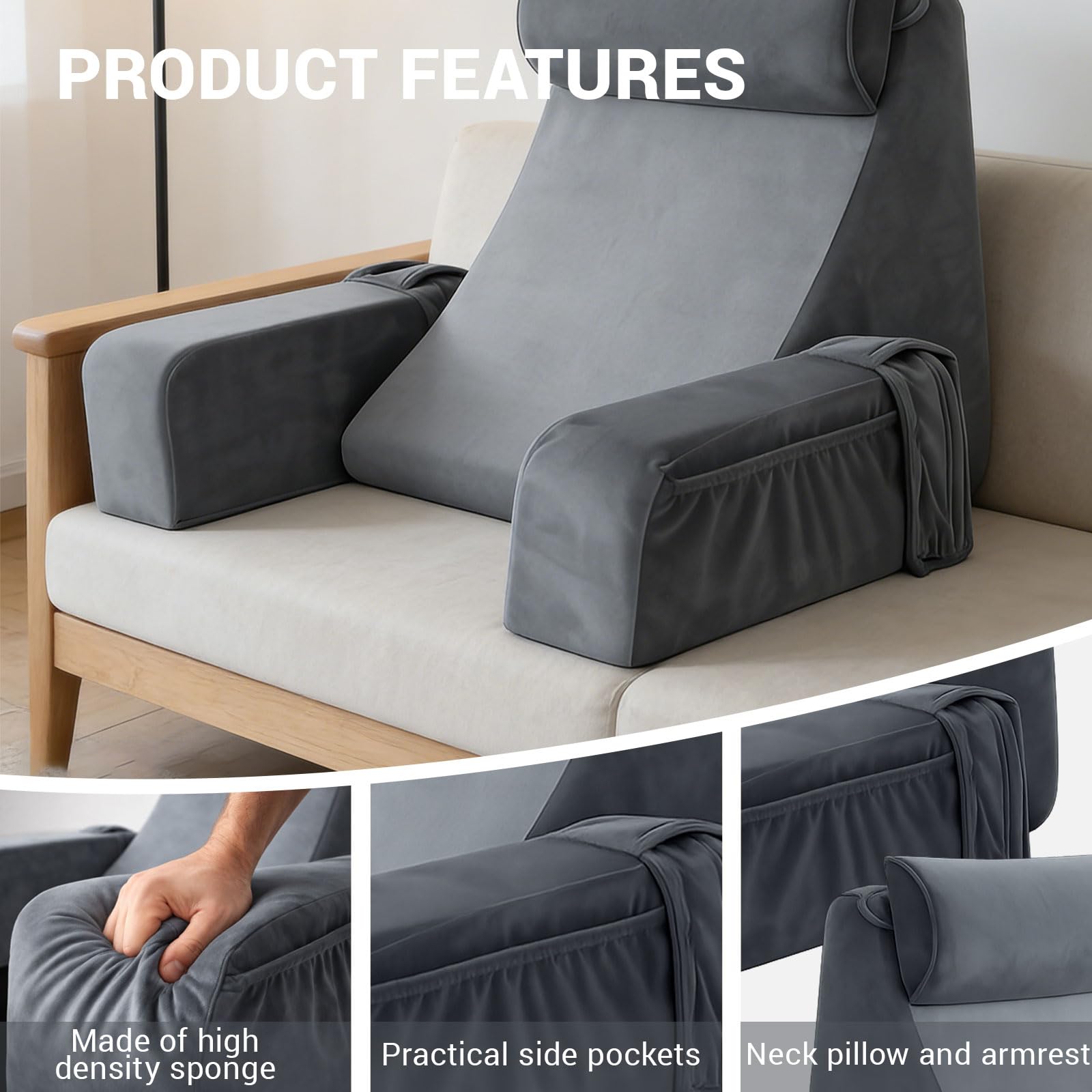 Cuscino da lettura per letto e divano, con braccioli e cuscini per la testa rimovibili, ergonomico, per la schiena, colore grigio, per leggere, lavorare, guardare la TV