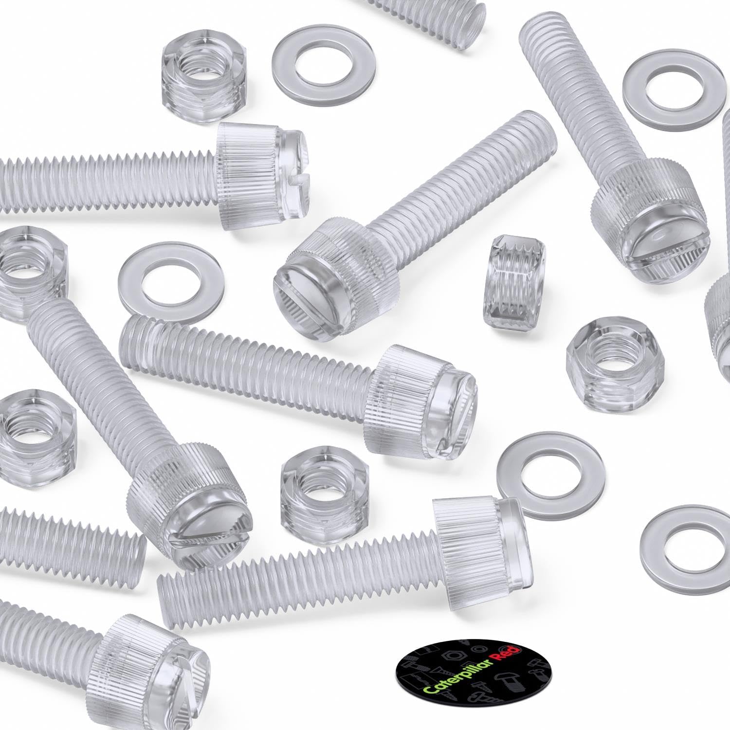 60x Transparent Clear Plastic Acrylic Thumbscrews, slotted+knurled M5 x 25mm, (13/64 x 1 in), nuts, bolts, washers