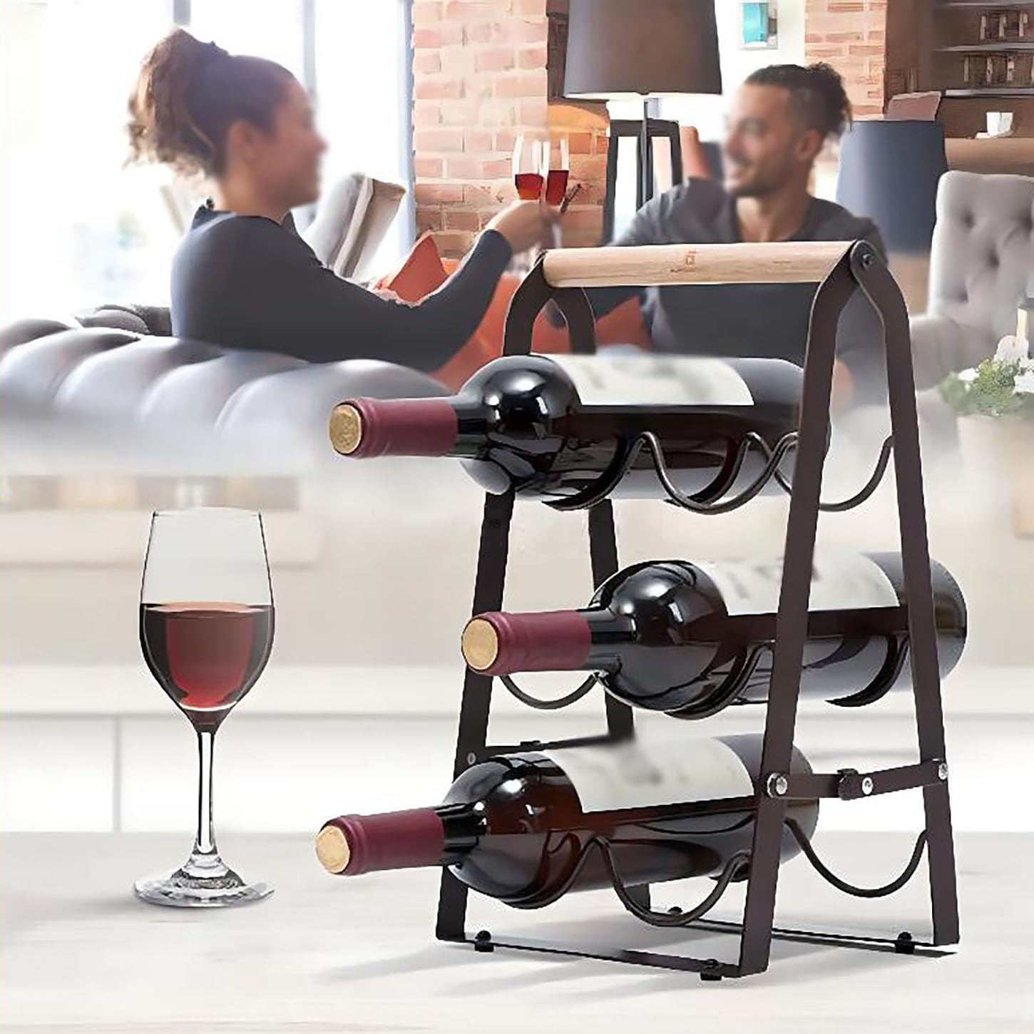 ICEMOB Creatividad Botellero Vino,Plegable Botellero Vertical,6 Botellas Vinotecas,Madera Y Metal,Almacenar Botellas para Cocina, Comedor, Hogar, Bar,Diseño De Tres Niveles