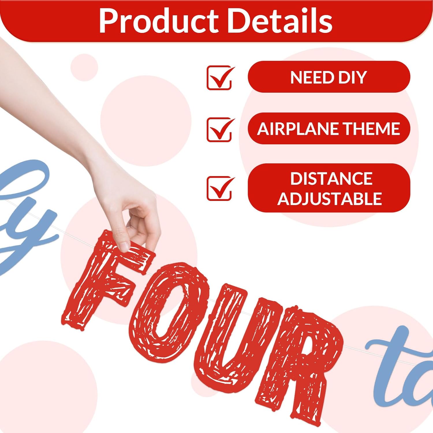 Airplane 4th Birthday Party Decorations Ready Four Take off Banner Backdrop Aviation Plane Theme Cake Cupcake Toppers Red Blue Latex Balloons for Boys Time Flies Theme 4th Birthday Party Supplies