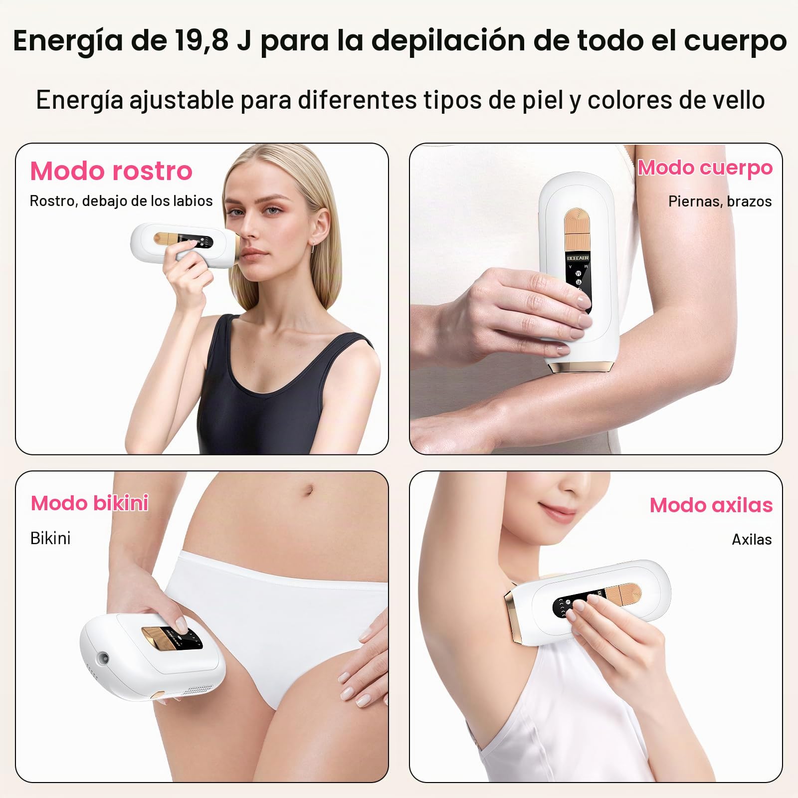 Depiladora Laser con 0,2s Flash Rápido, Laser Depilacion 600NM-1200NM, 4 en 1 Depiladora Luz Pulsada, 5 Niveles de Energía Luz Pulsada Depilacion para Mujer/Hombres Cuerpo Entero