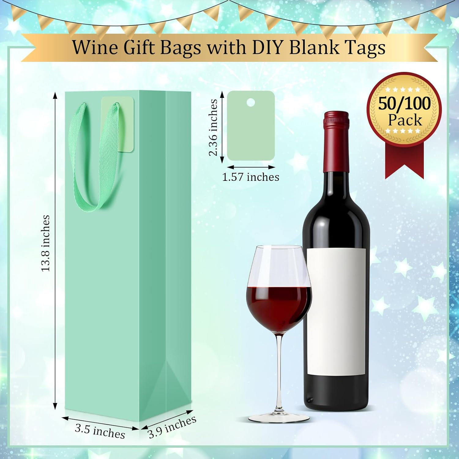 Windyun 50 Pack Wine Gift Bag Wine Tote Bags Bulk 3.9 x 3.5 x 13.8 Inch Kraft Paper Bag with Handles for Small Business Present Wedding Party Supplies (Green)