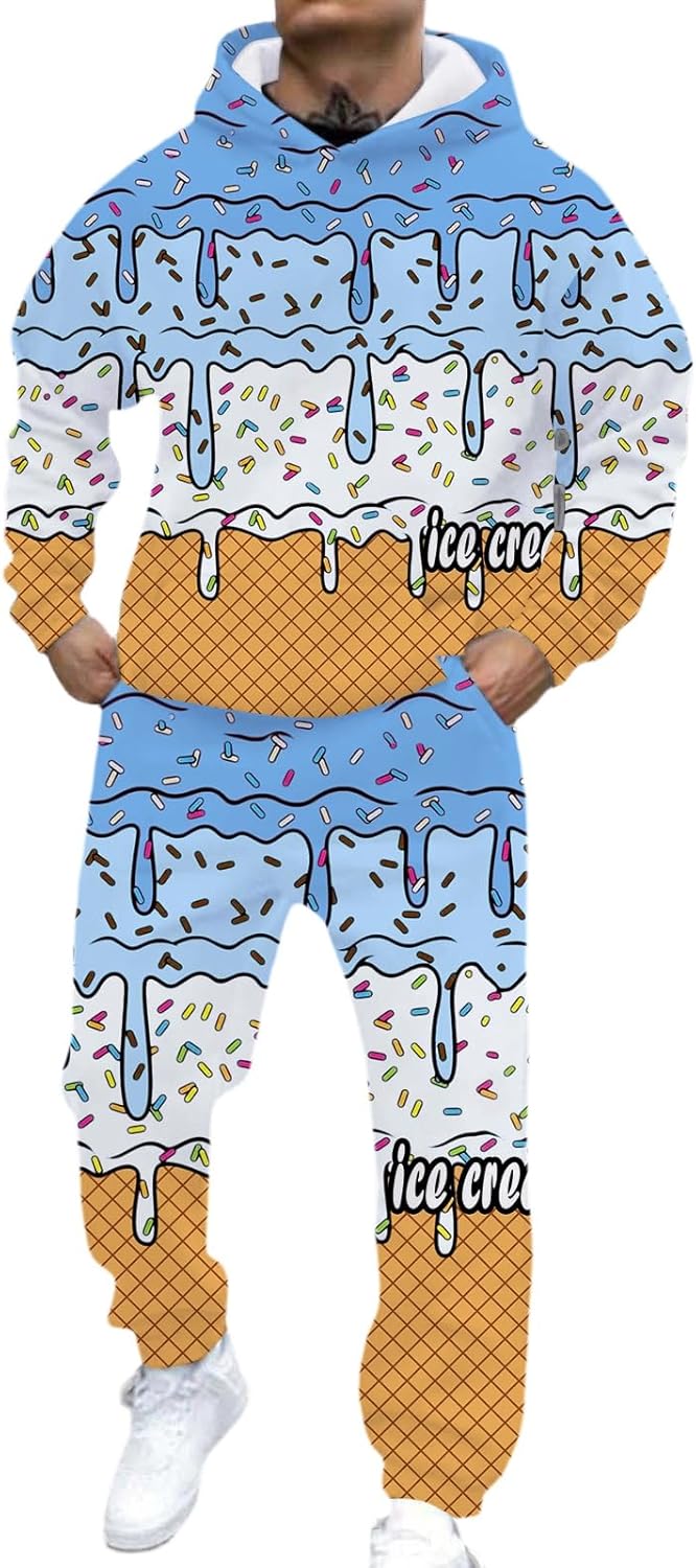 Mens Ice Cream Sweatsuits 2 Piece Outfits Baseball Drip Waffles Hoodie and Sweatpants Winter Tracksuits Christmas Suit