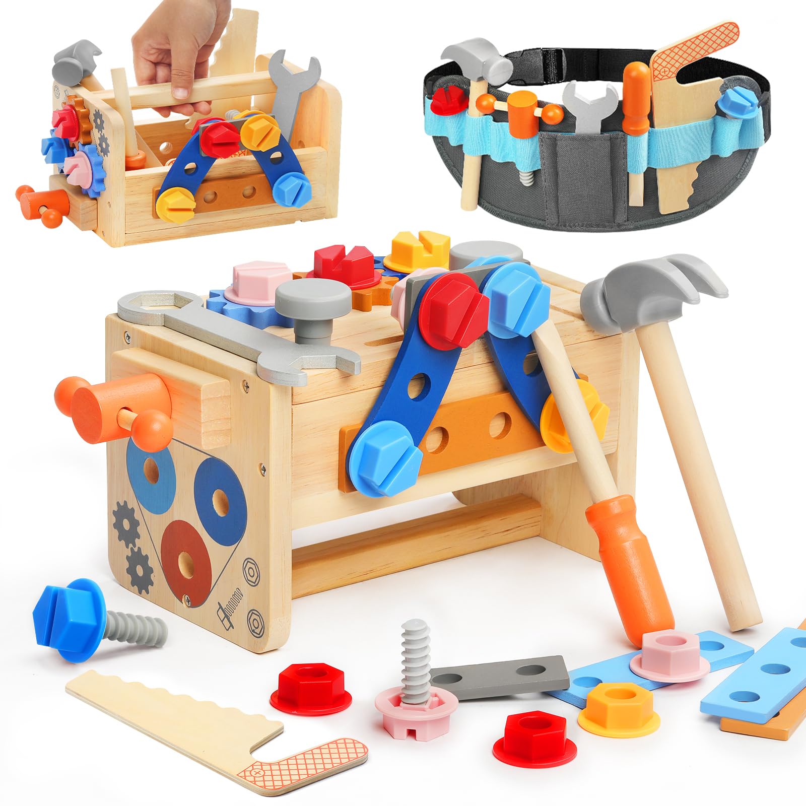 Myfolrena Kids Tool Set With Belt - Wooden Pretend Play Tools for Toddlers Ages 2-5 - Learning Stem Montessori Toys