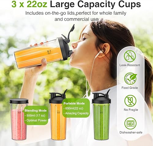 Miniatura 2 de KOIOS Licuadora para batidos, licuadora personal para batidos y batidos con 3 tazas para llevar de 22 onzas, licuadora de batidos de 22000 RPM,