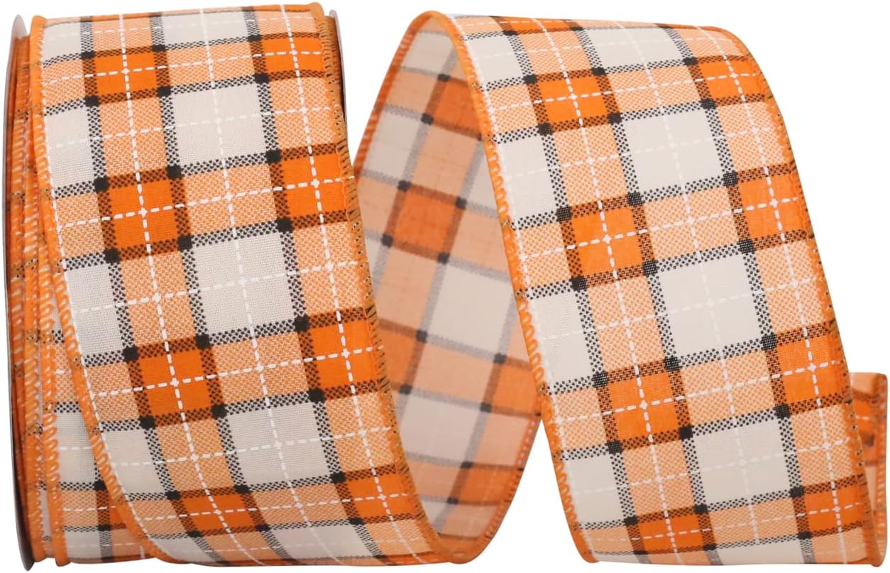 Reliant Ribbon Plaid Print Stitch Tones Wired Edge Ribbon, 2-1/2 Inch X 20 Yards, Orange/white