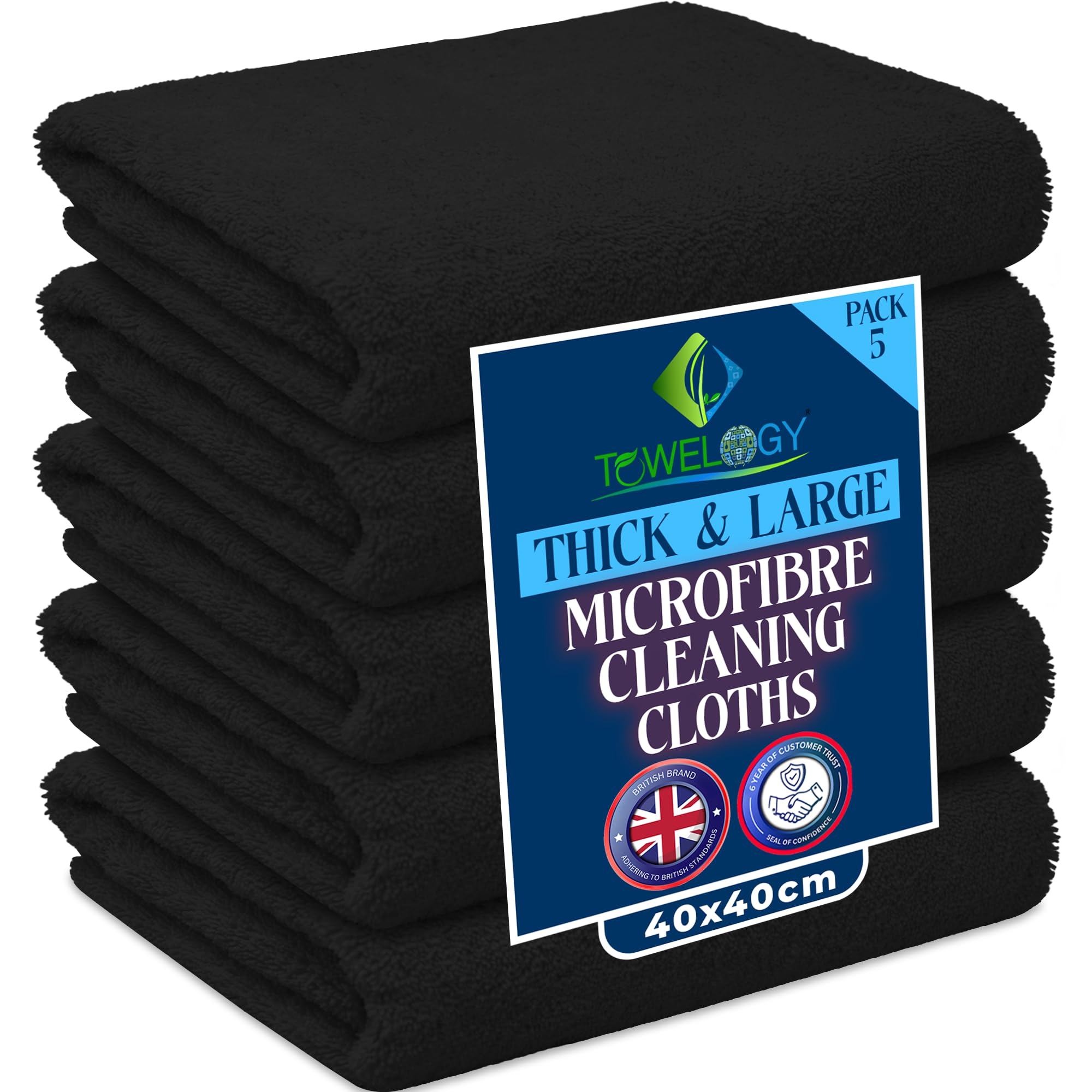 Towelogy Black Heavy Duty Microfibre Cleaning Cloths For Home All Purpose - Larger, Thicker, More Absorbent Cleaning Cloth - 100% Lint Free Micro Fibre Cloths For Kitchen, Bathroom And Car (5, )