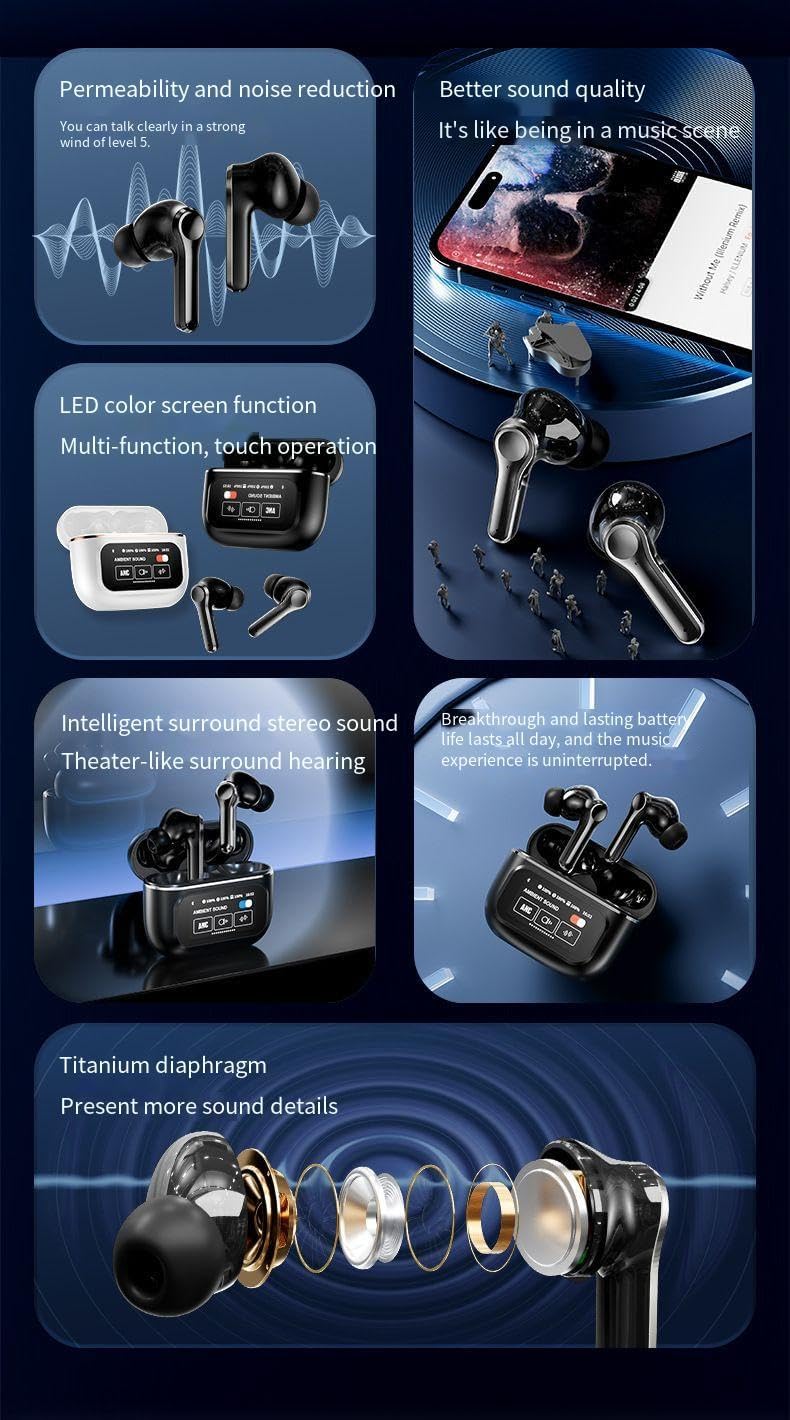 Wireless Earbuds Sports in-Ear Bluetooth 5.4 Headphones with Touchscreen, ANC+ENC Dual Noise Cancellation,HiFi Sound Quality with Charging Case, for Smart Phone Laptop Computer Sports,Black