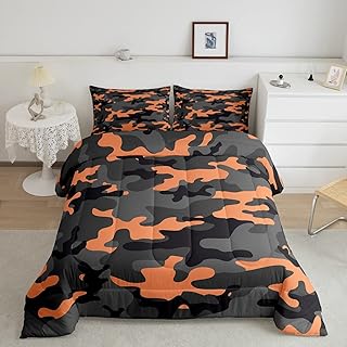 Feelyou Army Camo Bedding Set for Kids Boys,Teens Camo Comforter Set Girls Colorful Pattern Decor Lightweight Comforter Orange Black Grey Camouflage Quilt Set Bedroom Collection 3Pcs Full Size