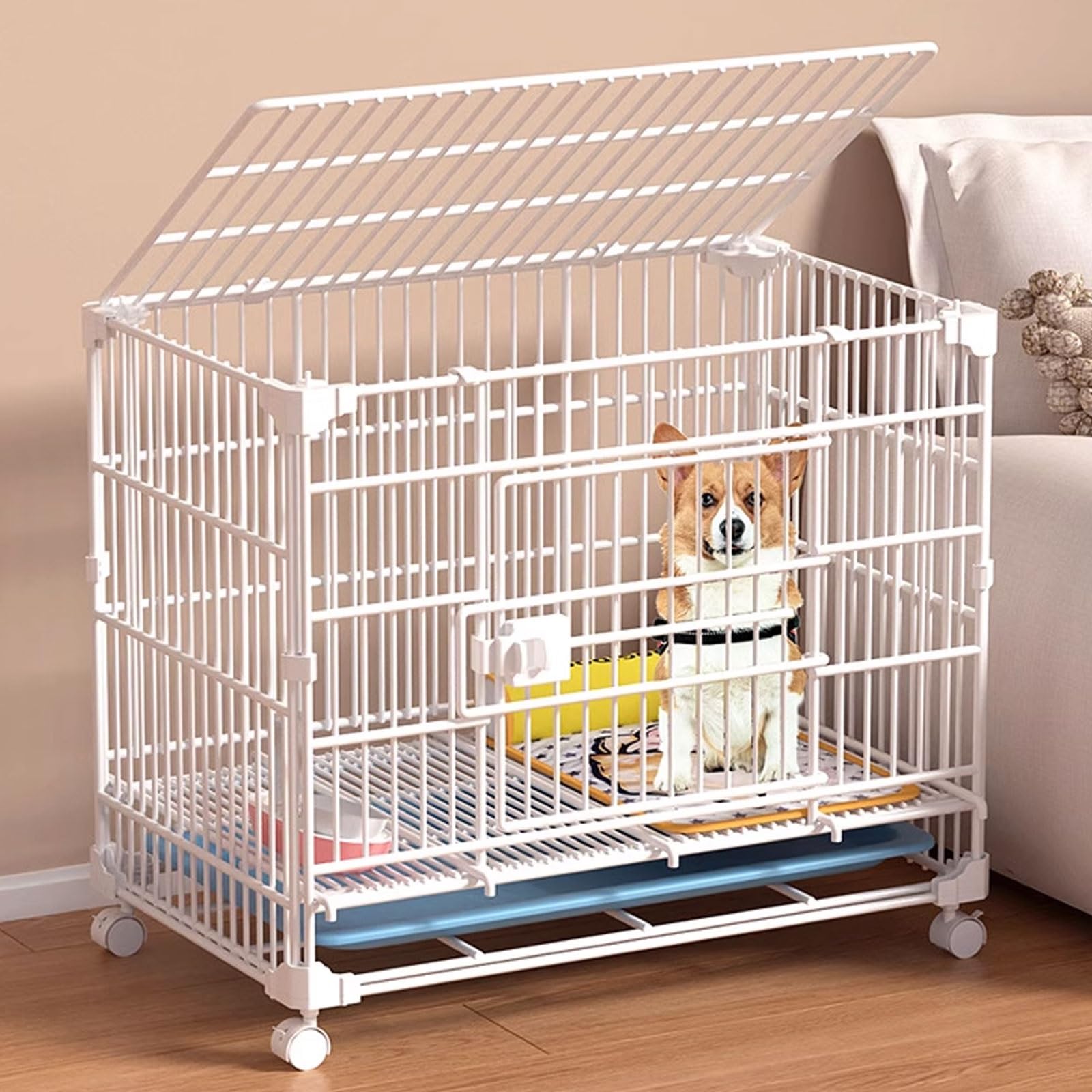 Gabbia per cani a prova di fuga, struttura in metallo con ruote girevoli, design impilabile, doppia porta, ideale per viaggi e sicurezza