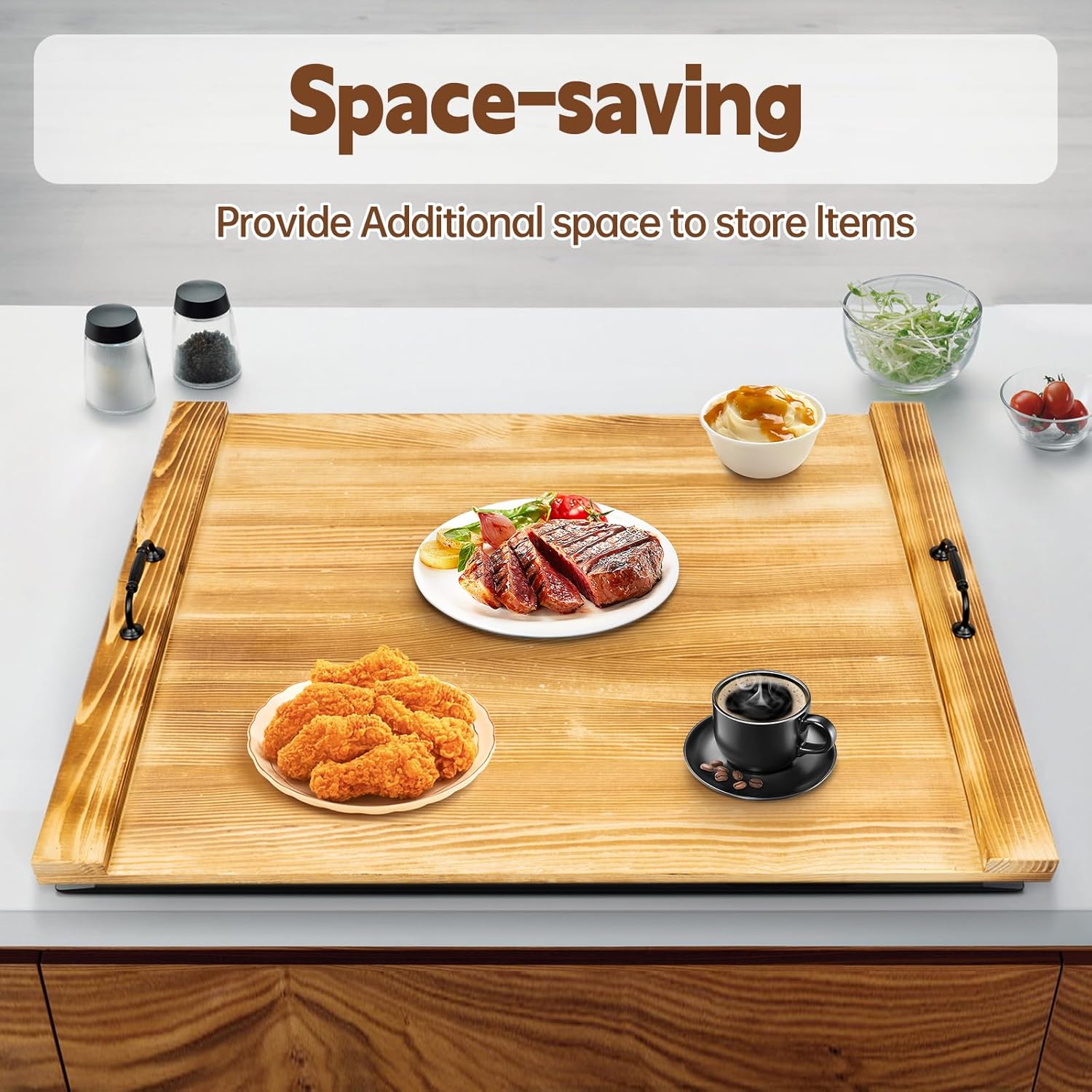 30" x 22" Wooden Noodle Board Stove Cover with Handles – Heavy-Duty Pine Wood Stove Top Cover for Gas & Electric Stoves, RV Kitchen Countertop Extension Tray, Rustic Serving Board