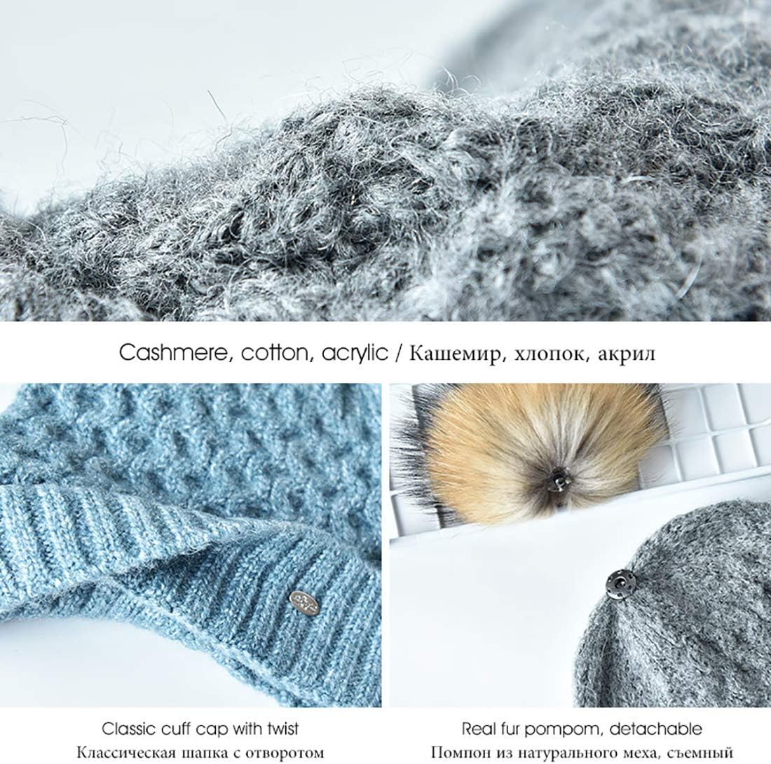 Angora Wool Knit Cuff Hat Fox Fur Pom Pom Beanie Winter Watch Cap for Ladies