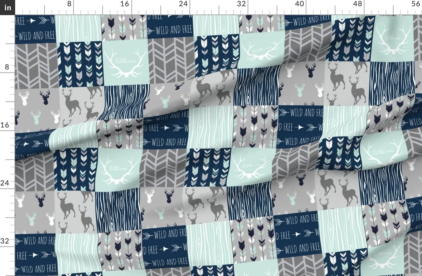 Spoonflower Fabric - Elk Stag Cheater Quilt Wholecloth Topper Patchwork Squares Blue Gray Printed on Organic Cotton Sateen Fabric by The Yard - Sewing Quilting Apparel Home Decor