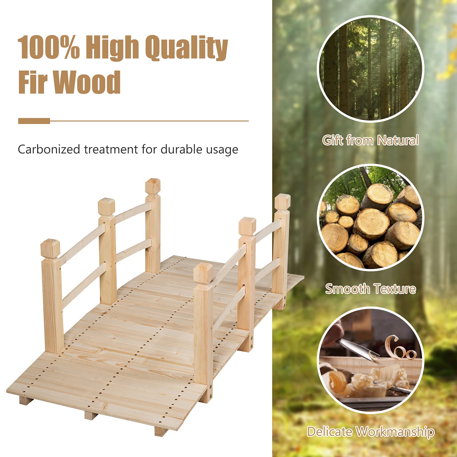 GIANTEX Pont de Jardin en Bois Carbonisé Pont de Bassin,Décoration Extérieure,Dimension 150x67x55CM Charge Max 100kg (Naturel)
