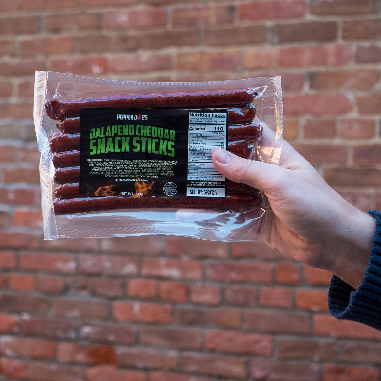 Pepper Joe’s Jalapeno Cheddar Snack Sticks – Slow Smoked Spicy Meat Sticks with Jalapenos, Cheddar Cheese, and Premium Midwestern Meat – 7 Ounces (2 Pack)