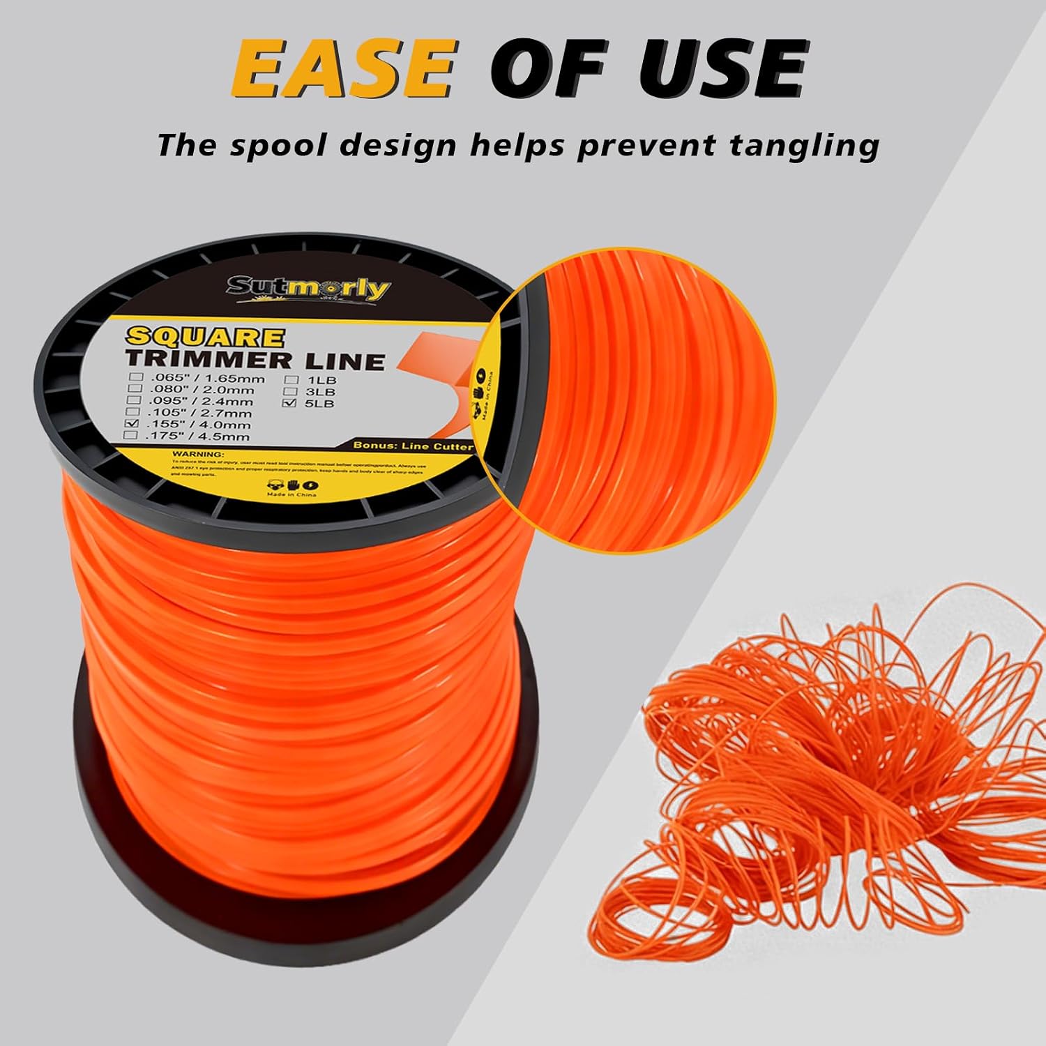 5-Pound Heavy Duty Square Trimmer Line 155-inch-by-492-ft, Commercial 0.155 String Trimmer Line in Spool, 0.155" Nylon Weed Eater String with Line Cutter Fits Most String Trimmer, Orange