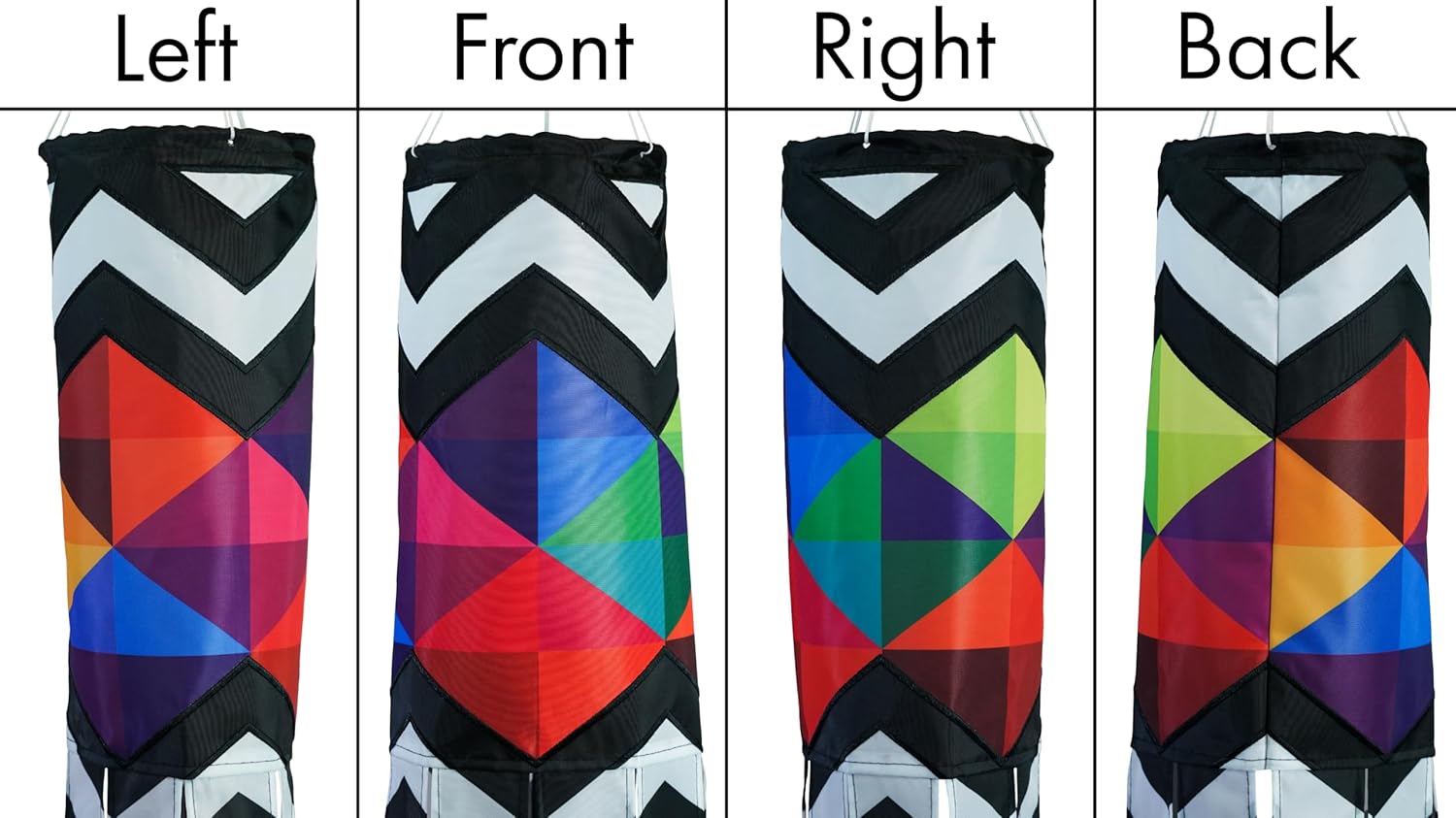 In the Breeze 5270 — Geometric Black & White 40-inch Illusion Windsock — Abstract Decor, Embroidered Details, Fully Printed Tails