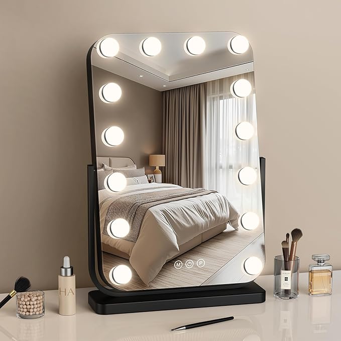 Hollywood Vanity Mirror, 360° Rotatable Lighted Makeup Mirror with Lights, 14 Dimmable Bulbs - 3 Color Modes, Touch Control, Swivel Tabletop Mirror for Bedroom, Dressing Room, Black
