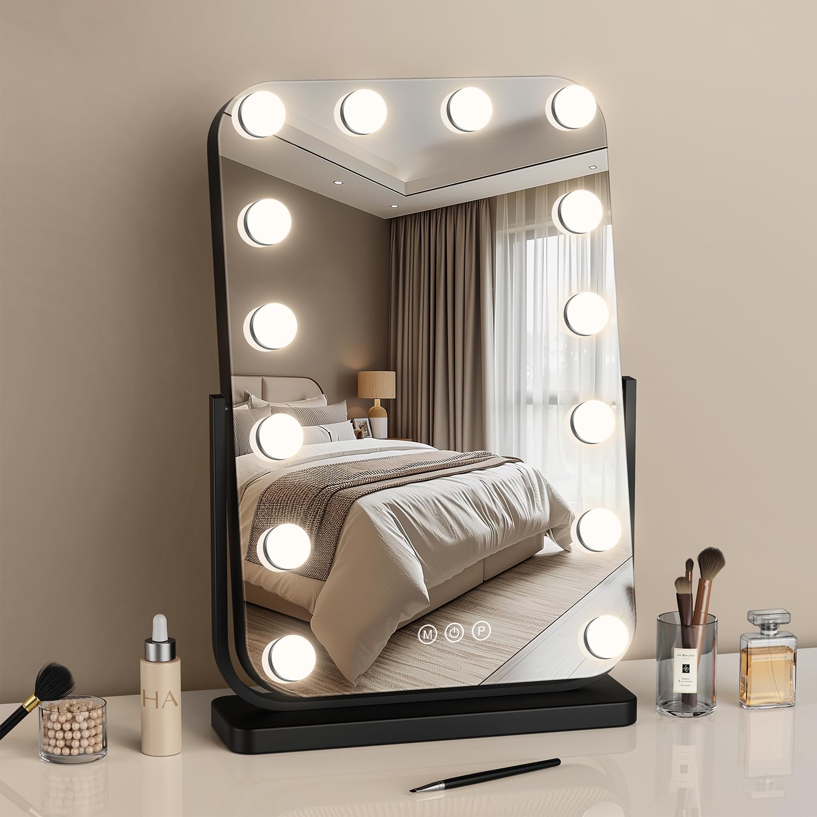 TinyLiving Hollywood Vanity Mirror, 360° Rotatable Lighted Makeup Mirror with Lights, 14 Dimmable Bulbs - 3 Color Modes, Touch Control, Swivel Tabletop Mirror for Bedroom, Dressing Room, Black