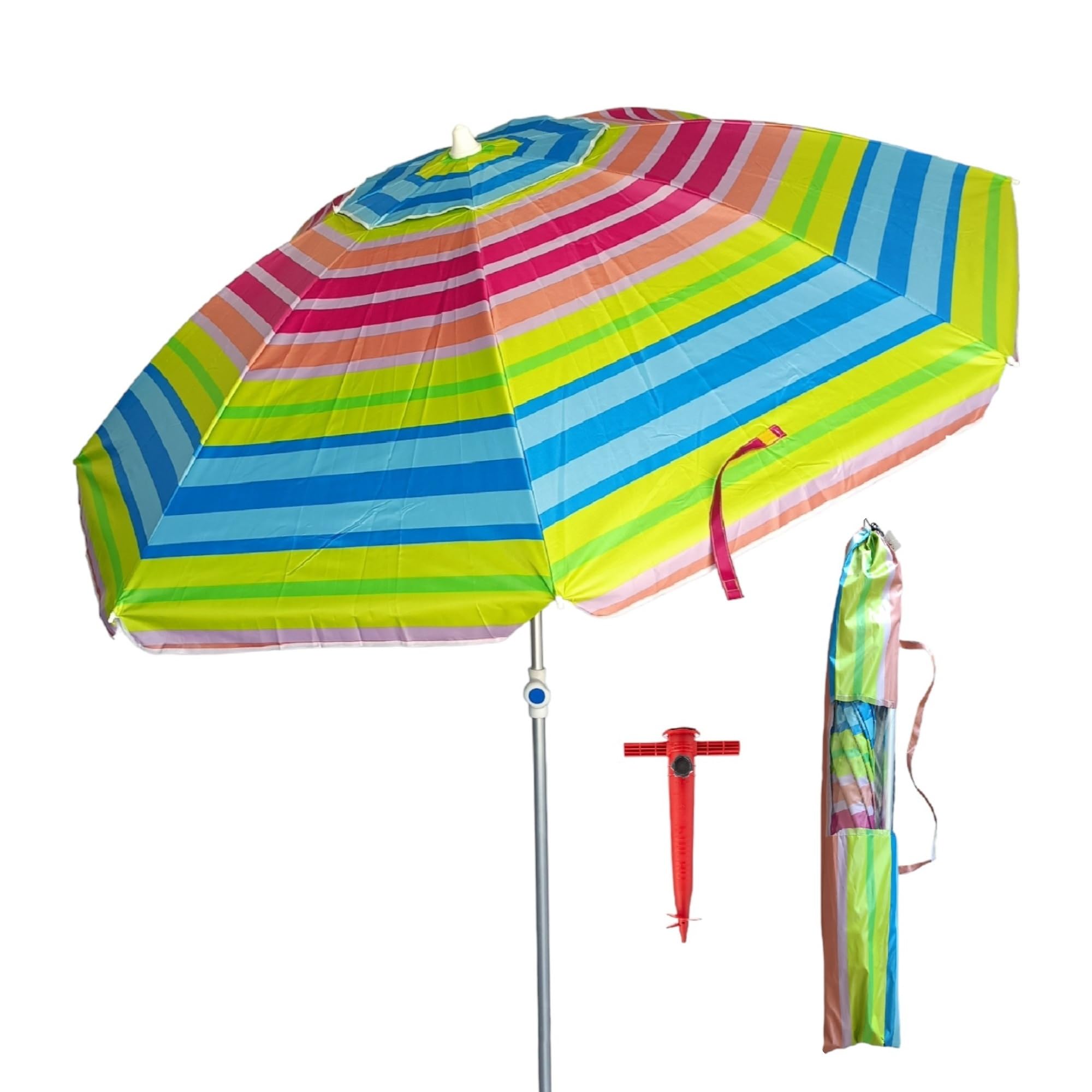 Pincho Sombrilla playa grande Ø200 cm, antiviento, protección uv 50, materiales de calidad, tubo de aluminio, varillas de fibra de vidrio, palo reclinable, incluye bolsa de transporte (Multicolor)
