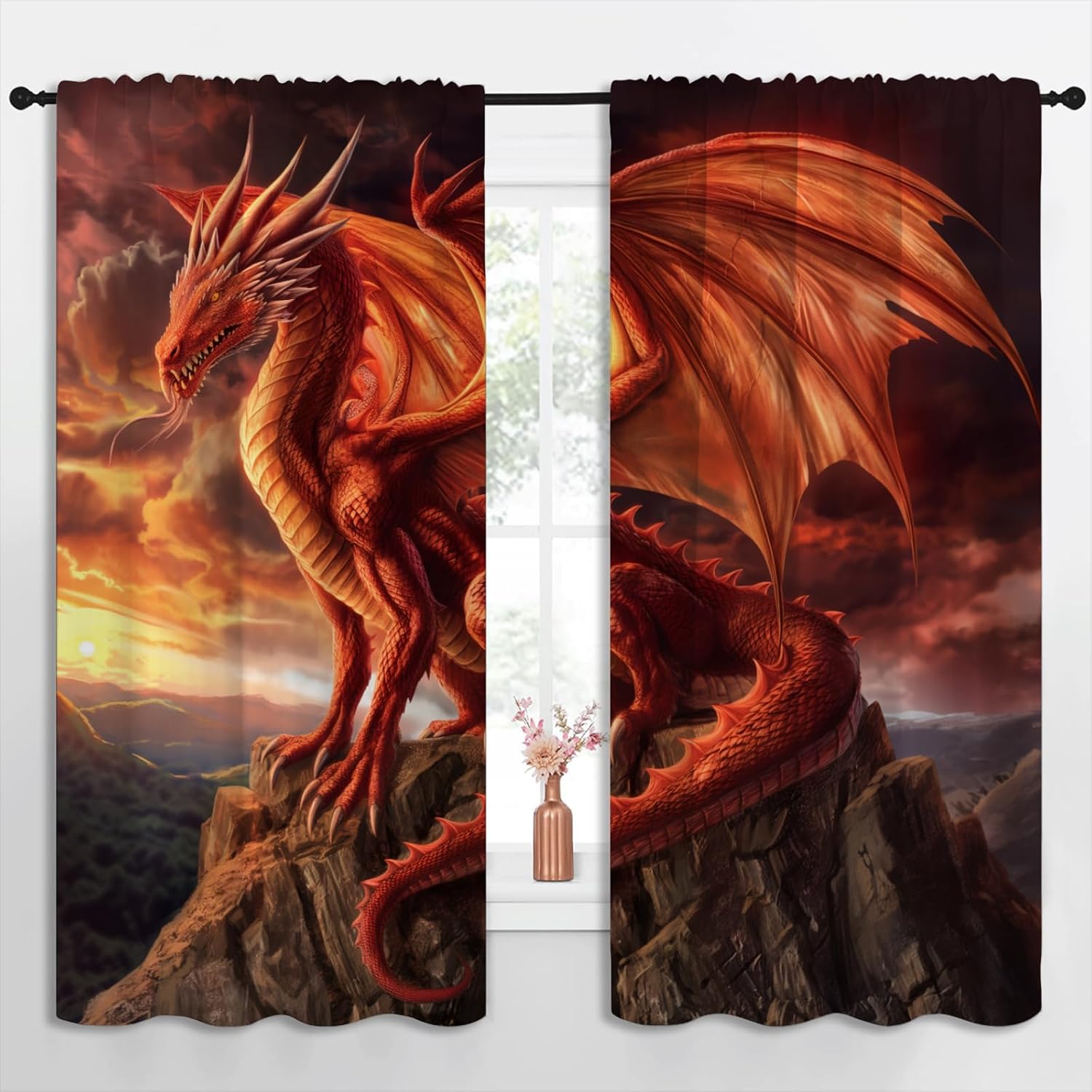 Red Dragon Blackout Curtains for Boys Girl Bedroom Home Decor, Cool Magic Fantasy Forest Wild Animal Thermal Insulated Rod Pocket Darkening Living Room Window Drapes, 55 x 63 inch