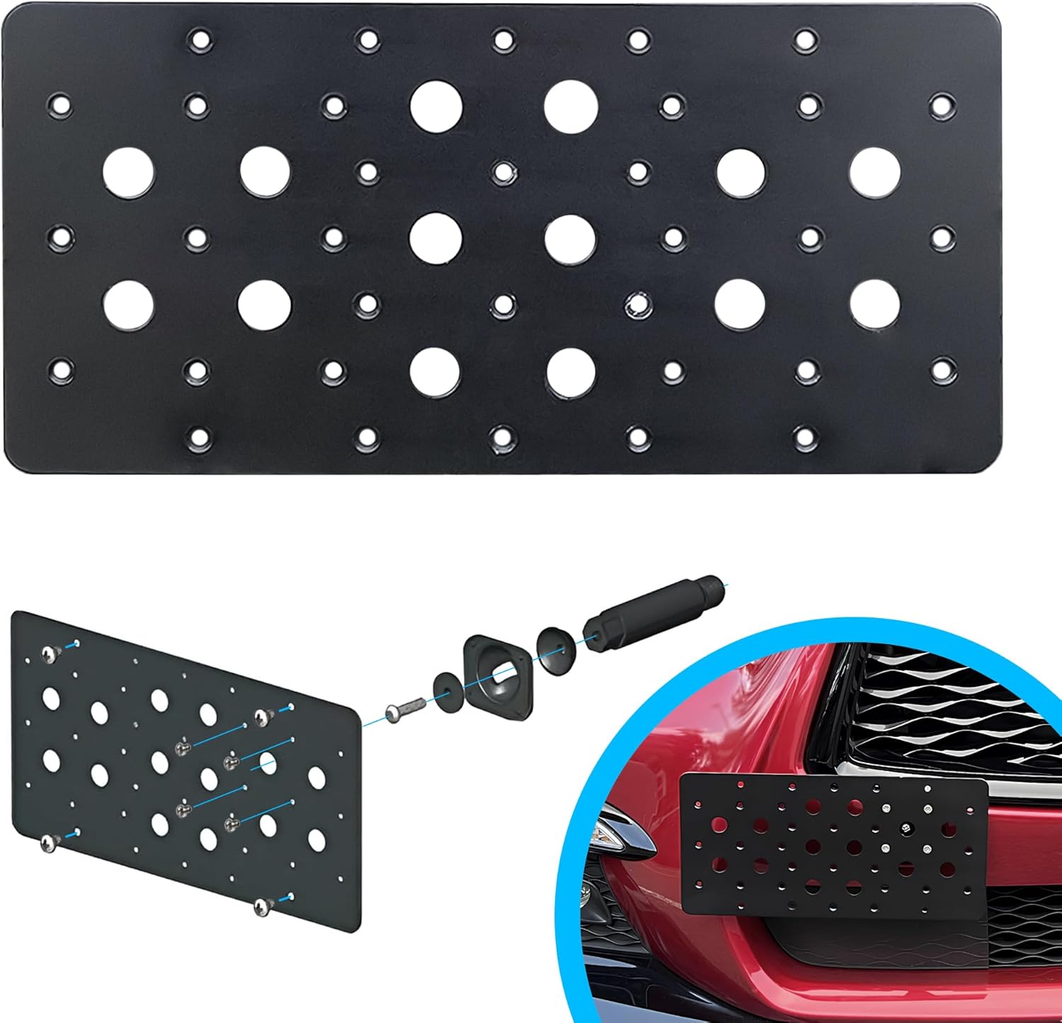 Front Bumper Tow Hook License Plate Mount Bracket for Infiniti Q50 2014-2026, Plate Holder Set w Unique Screw Bolts & Black Screw Caps, License Tag Mounting Kit, Quality Plate Holders.