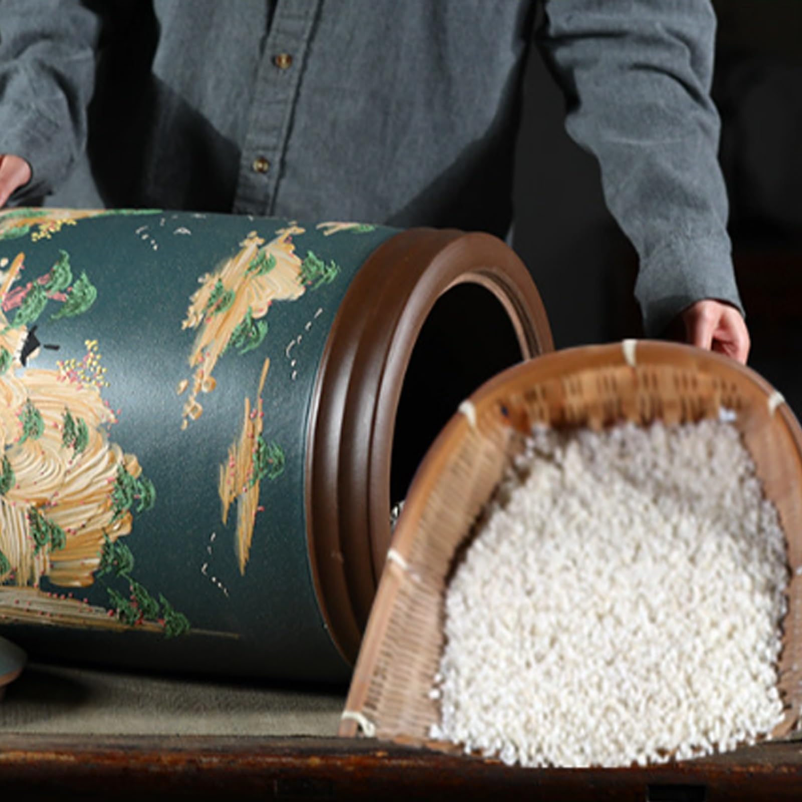 Recipiente cilíndrico de cerámica para arroz con tapa Contenedor arroz de gran capacidad Dispensador hermético para cereales, harina, café, maíz y té.(Yellow,Capacity:10kg)