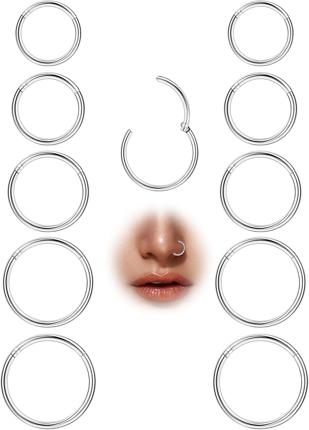 10Pcs 18G 20G Surgical Steel Nose Rings Hoops for Women Men Hinged Seamless Clicker Nose Hoops Cartilage Helix Tragus Daith Sleeper Earrings Hoop Hypoallergenic Nose Piercing 6/7/8/9/10MM