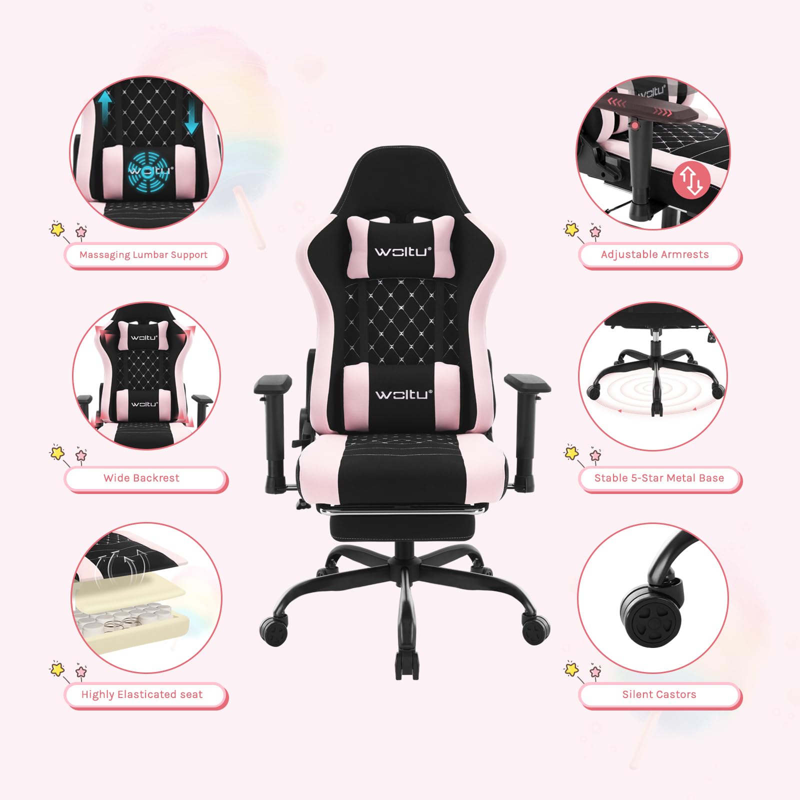 WOLTU Chaise Gaming, Chaise Bureau Massante, Fauteuil Ergonomique avec Coussin Lombaire Massant, Siège Large à Ressorts, Appui-tête, Repose-Pieds, Tissu Maille, Charge 150kg, Noir+Rose