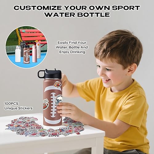 Miniatura 5 de Botella de agua de fútbol de 18 onzas y 100 calcomanías de fútbol de acero inoxidable aisladas, botella de agua deportiva, accesorios de fútbol,