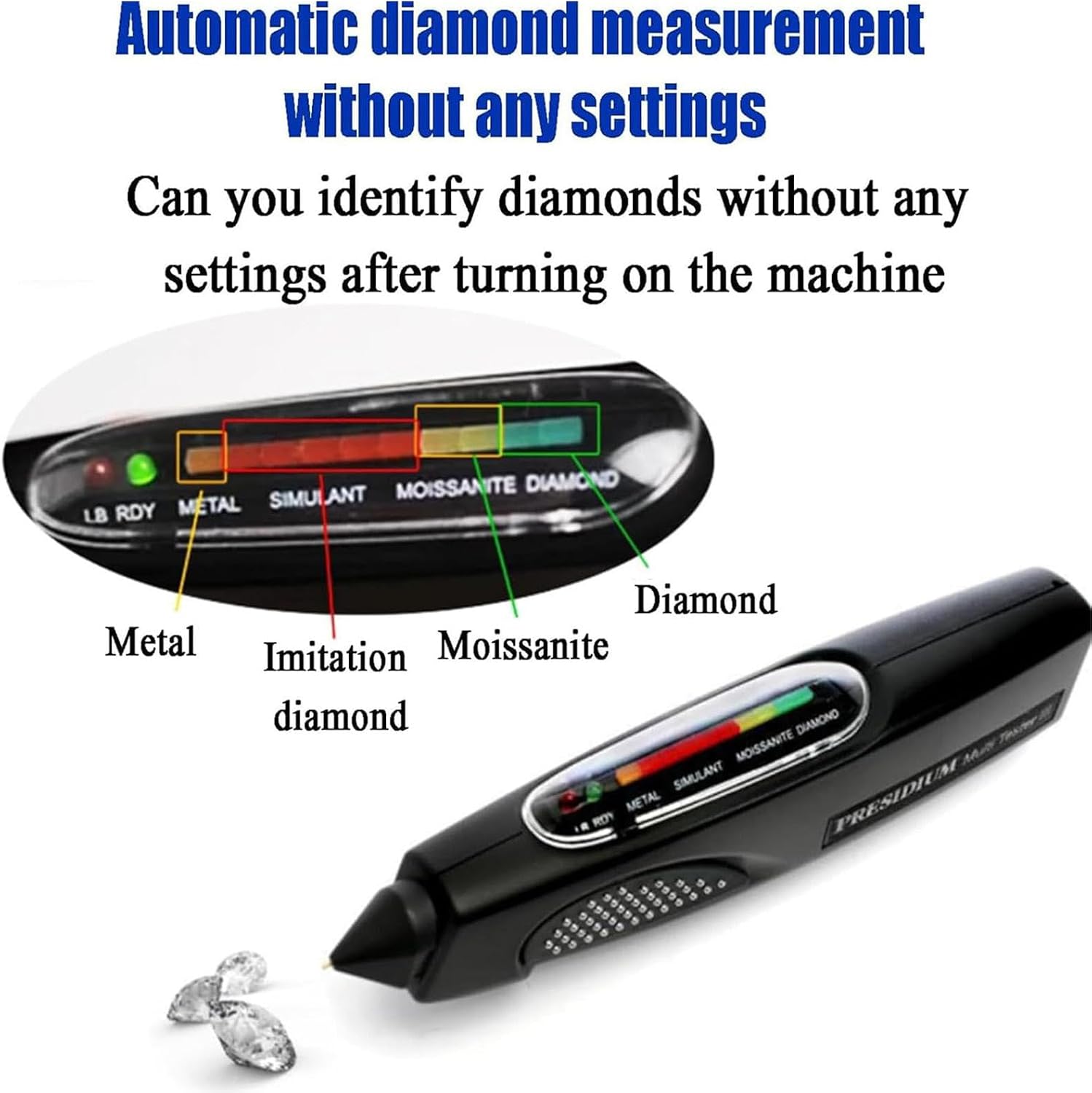 Diamond Detector, Multi Diamond Tester Pen, 180° Multi-Viewing LED Display/Buzzer Siren Reminder, Differentiates Between Diamond, Moissanite, Zircon