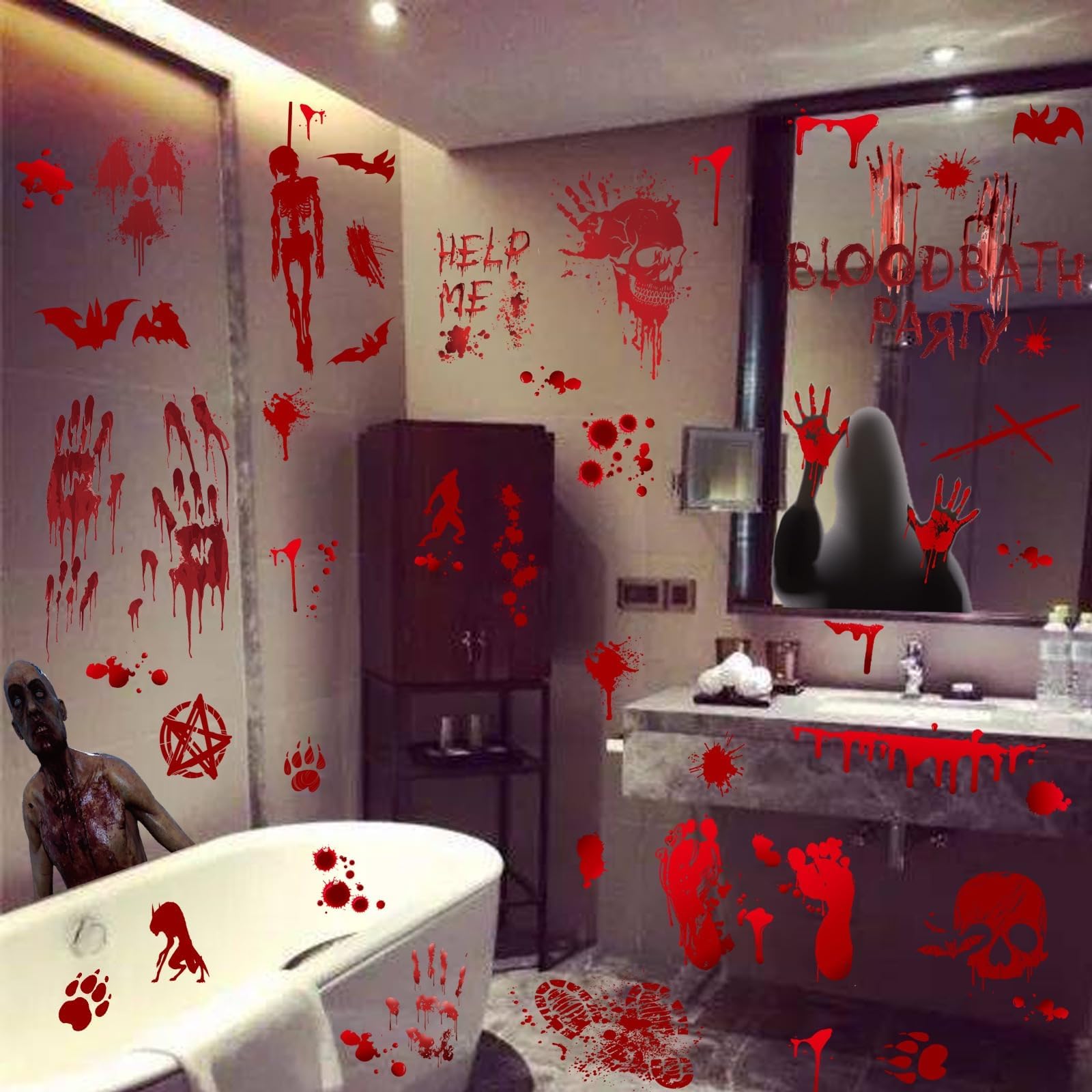 Halloween Decorations Handprint, Halloween Decor Footprint Stickers Clings Decals for Window Bathroom Floor Restroom Zombie Decorations Halloween Party