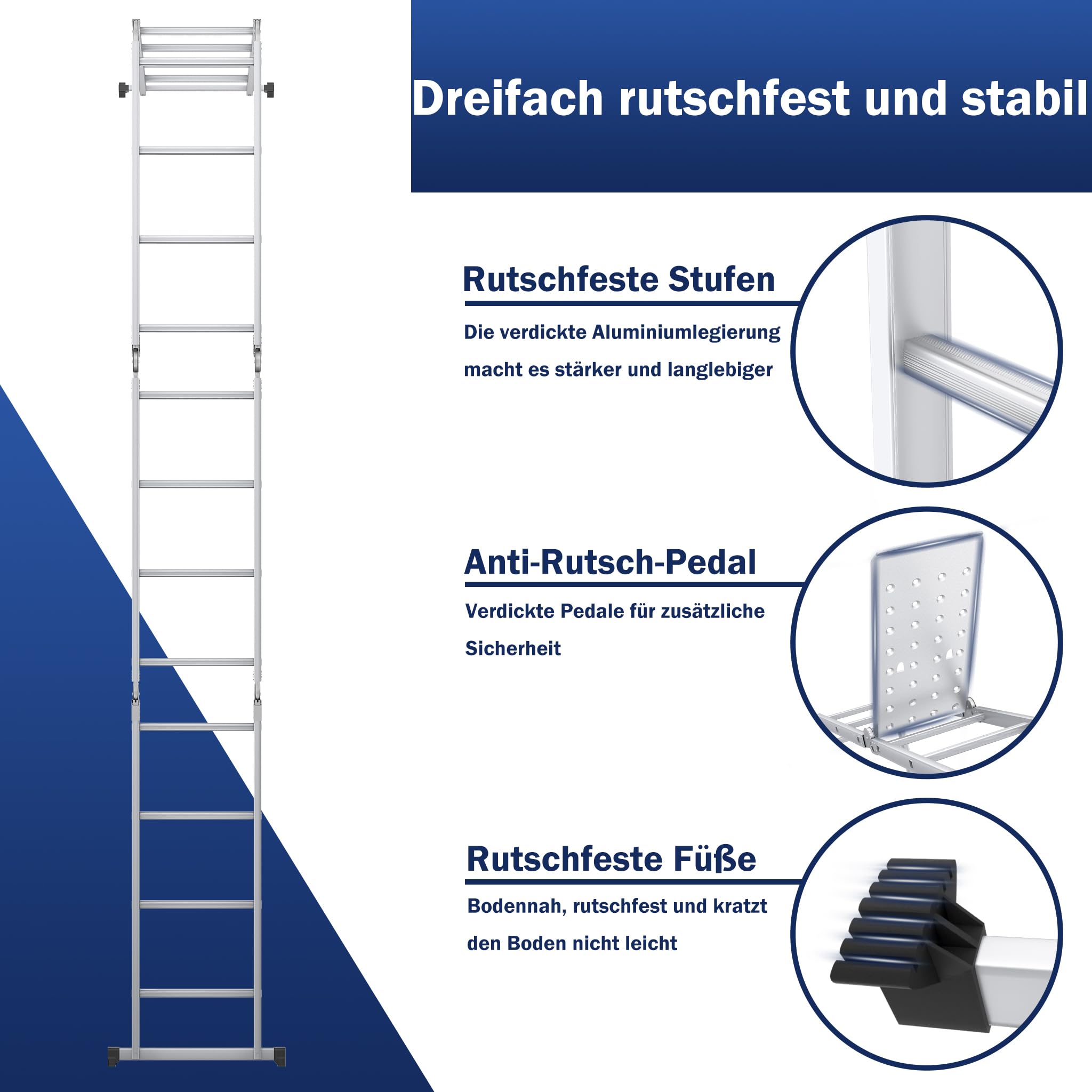 XMTECH 340cm Leiter Mehrzweckleiter Klappleiter Gelenkleiter mit Plattform Aluleiter Multifunktionsleiter Kombileiter 6 in 1 Anlegeleiter Stehleiter aus Aluminium - 4x3 Stufen, Silber