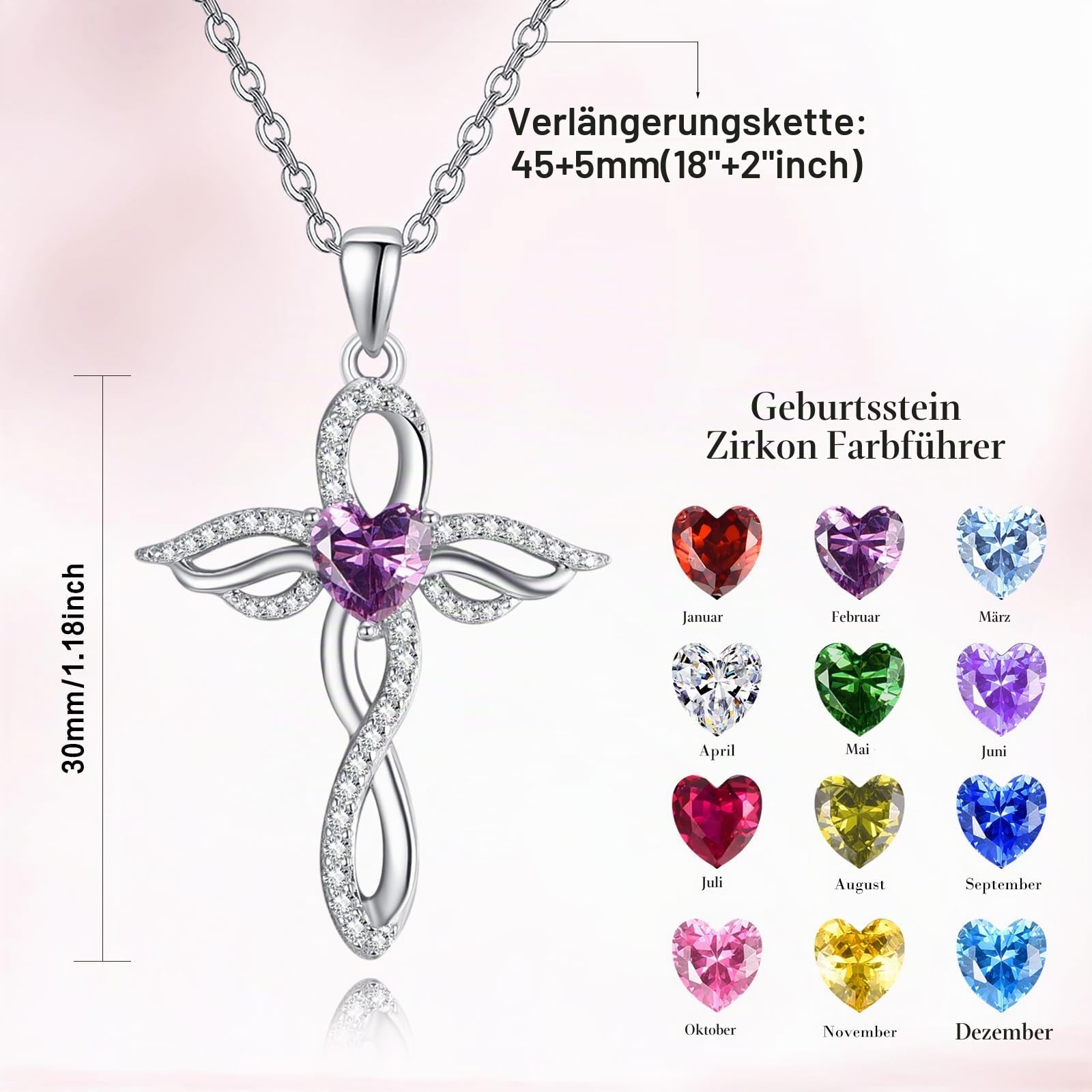 TANGPOET Engelsflügel Halskette für Frauen 925 Sterling Silber Schutzengel Anhänger, Herz Kreuz Geburtsstein Kette, Geburtstag Schmuck Geschenke für sie