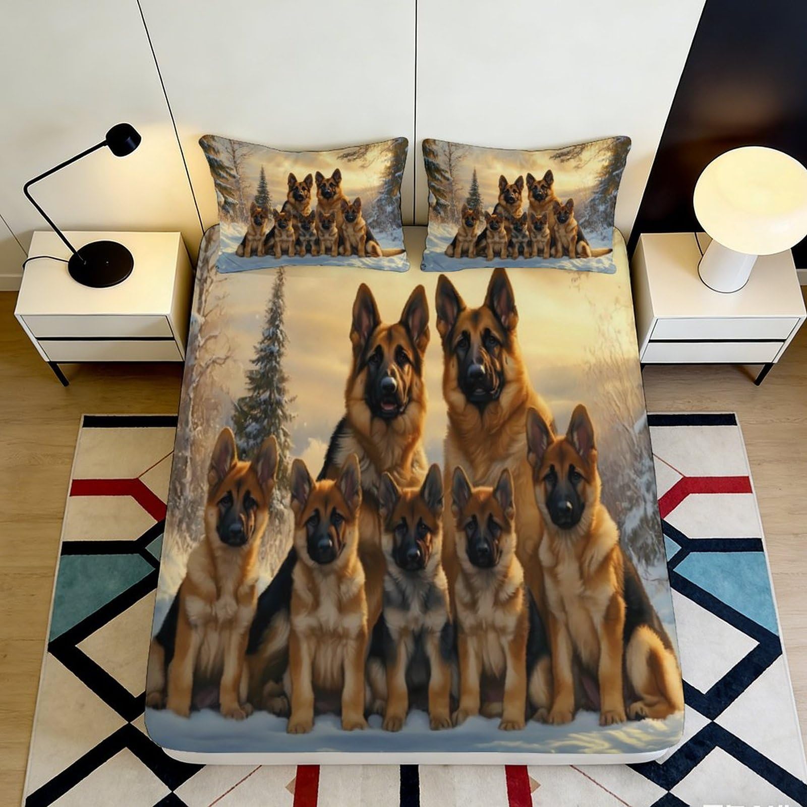 3D Printed German Shepherd Dog Fitted Sheet Microfiber Soft Breathable Forest Snow Mattress Cover for Bedroom Decor 200x200x25cm