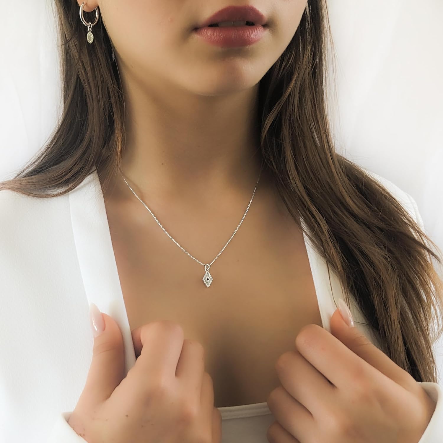 Annika Bella Black Cubic-Zirconia Rhombus Necklace, 925 Sterling Silver Chains, Geometric Charm Jewelry for Women, Stackable Necklaces