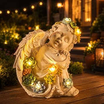 Garden Angels Outdoor Statue, Solar Cherub Baby Angel with Succulent