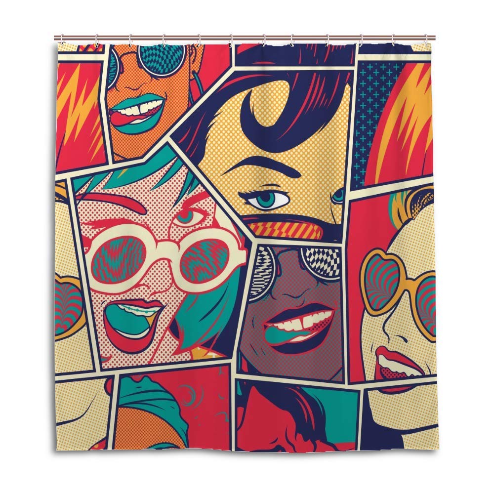 Rideau de douche rétro Pin Up avec crochets décoratifs en polyester imperméable 168x183cm