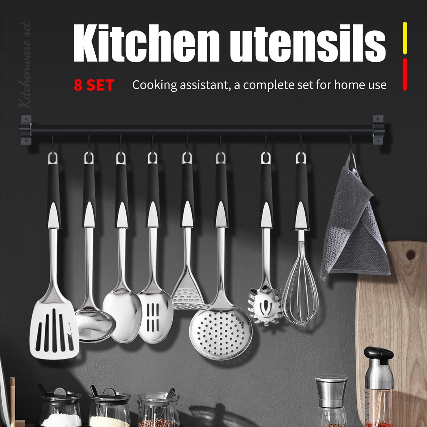 Premium Stainless Steel Kitchen Utensil Set, 8-Piece Cooking Tools with Black Ergonomic Handles, Includes Turner, Spoons, Skimmer, Whisk - Image 3