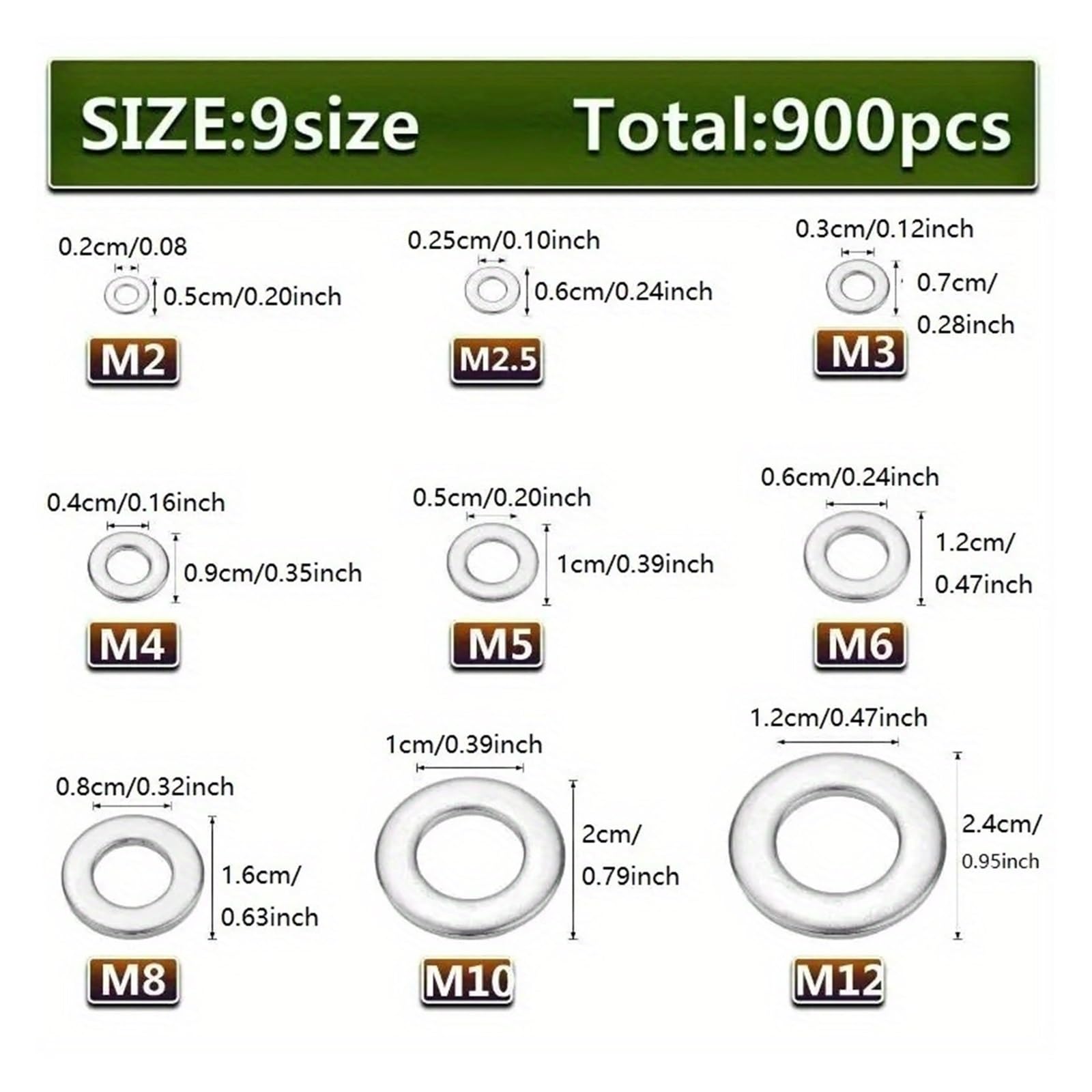 Kit di assortimento di rondelle piane in acciaio inossidabile da 900 pezzi M2-M12 for progetti di macchinari fai-da-te Accessori hardware di fissaggio a vite