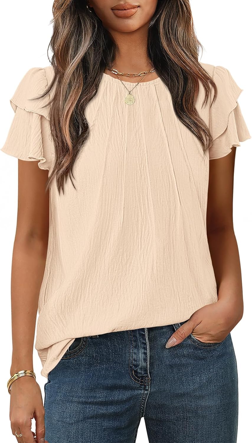 MEROKEETY Women’s Trendy Ruffle Short Sleeve Blouse Cute Crew Neck Dressy Casual Flowy Tee Shirt Tunic Tops