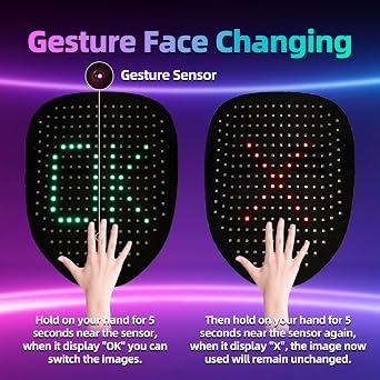 LED Mask with Gesture Sensing, Rechargeable Light Up Halloween Mask, 10H of Use, for Cosplay Costume Party