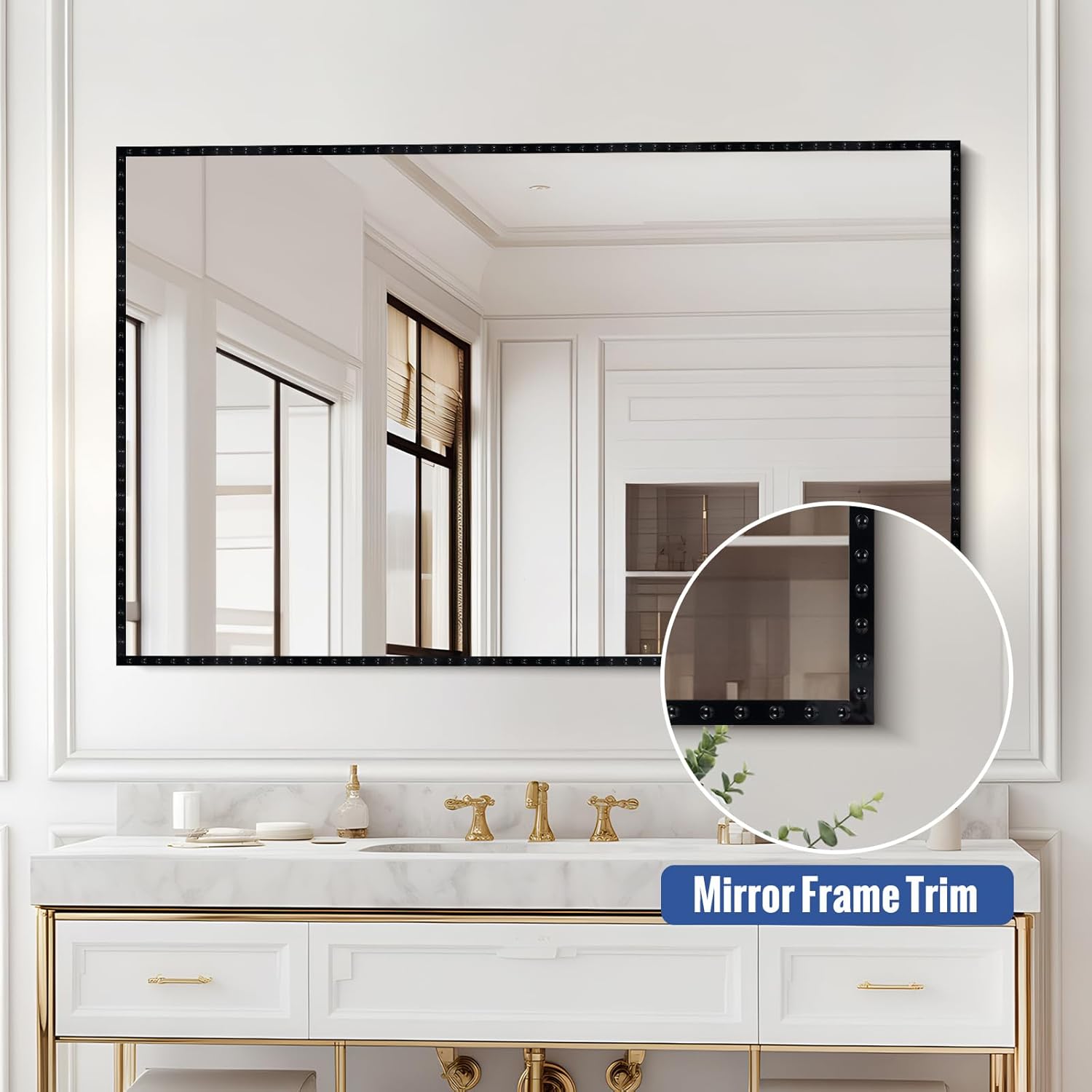 1.14in x 49.2ft Crown Moulding Peel and Stick Mirror Frame Border – 3 Rolls Black Beaded Flexible Decorative Molding Trim for Bathroom Mirrors, Walls, and Cabinets