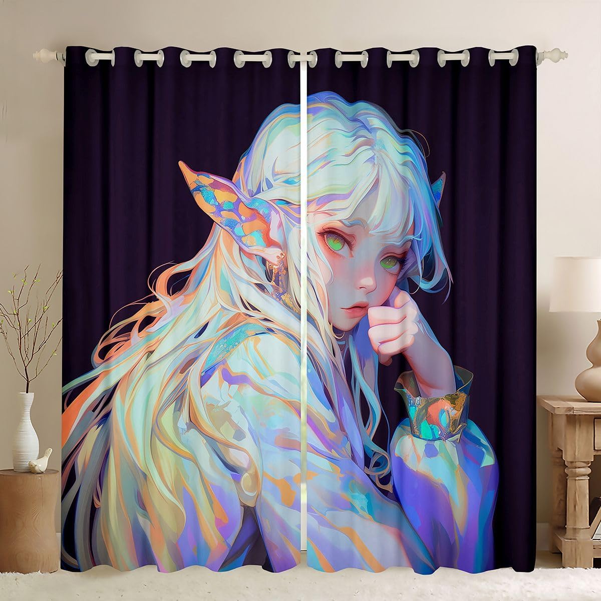 Erosebridal 3D Cartoon Printed 30%-50% Blackout Curtains for Girls Anime Gifts Curtains for Living Room, Japanese Girl Curtains & Drapes Kawaii Printing Window Treatments 42''Wx63''L