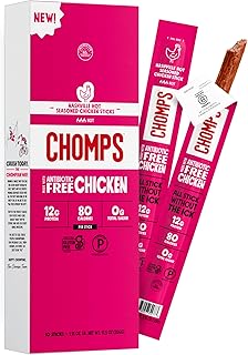 Chomps Nashville Hot Chicken Jerky Meat Snack Sticks 10-Pack - Keto, Paleo, Low Carb, Whole30 Approved, 12g Lean Meat Protein, Gluten Free, Antibiotic Free, Zero Sugar Food