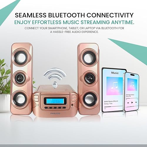 Miniatura 3 de Philco Sistemas de estantería estéreo Sistema compacto de estante de CD con radio estéreo digital FM, Bluetooth inalámbrico y control remoto en Oro