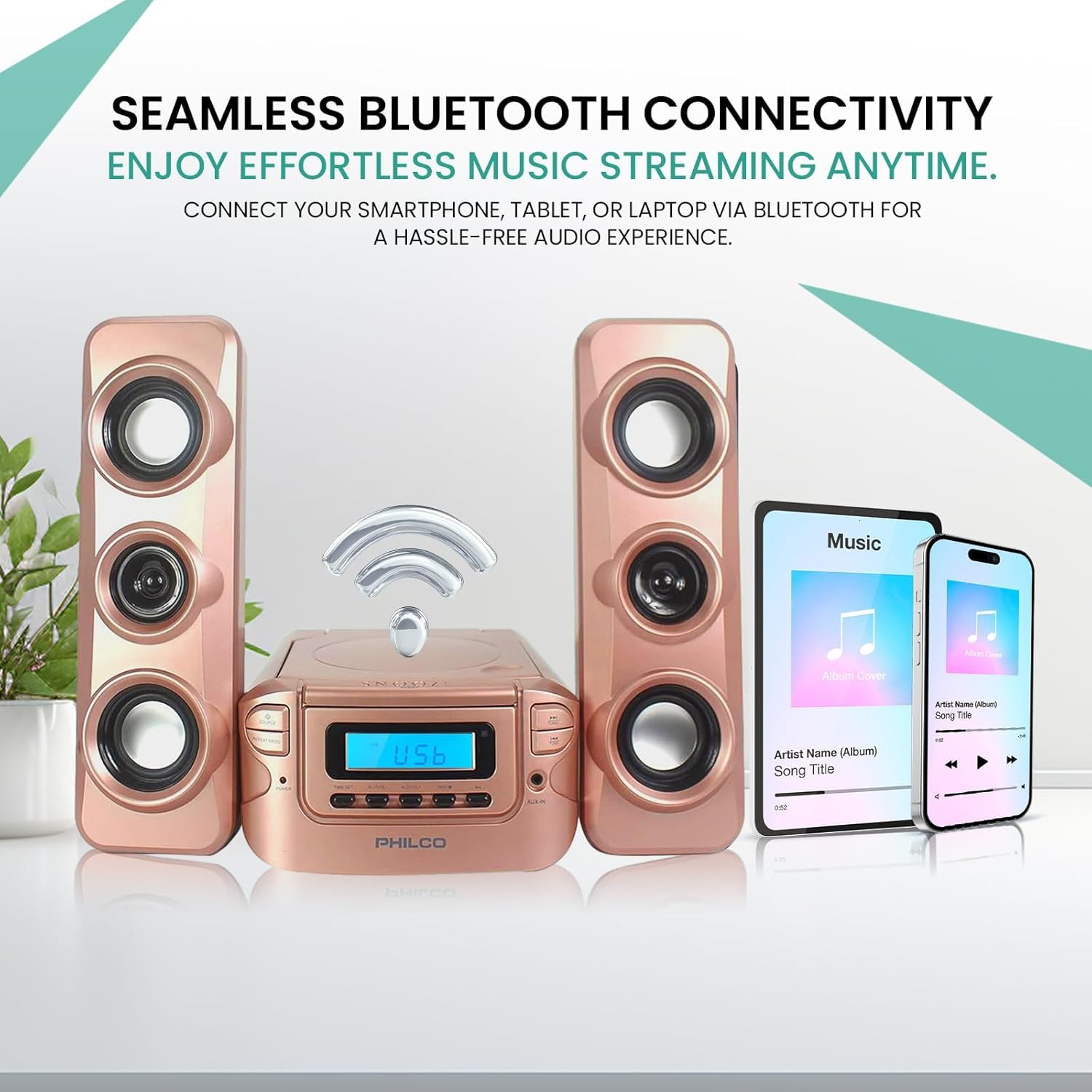 Philco Stereo Regalsysteme Kompaktes CD-Regalsystem mit digitalem FM-Stereo-Radio, Bluetooth-Funktechnologie und Fernbedienung in Roségold | LCD-Display | MP3- & AUX-Anschluss kompatibel