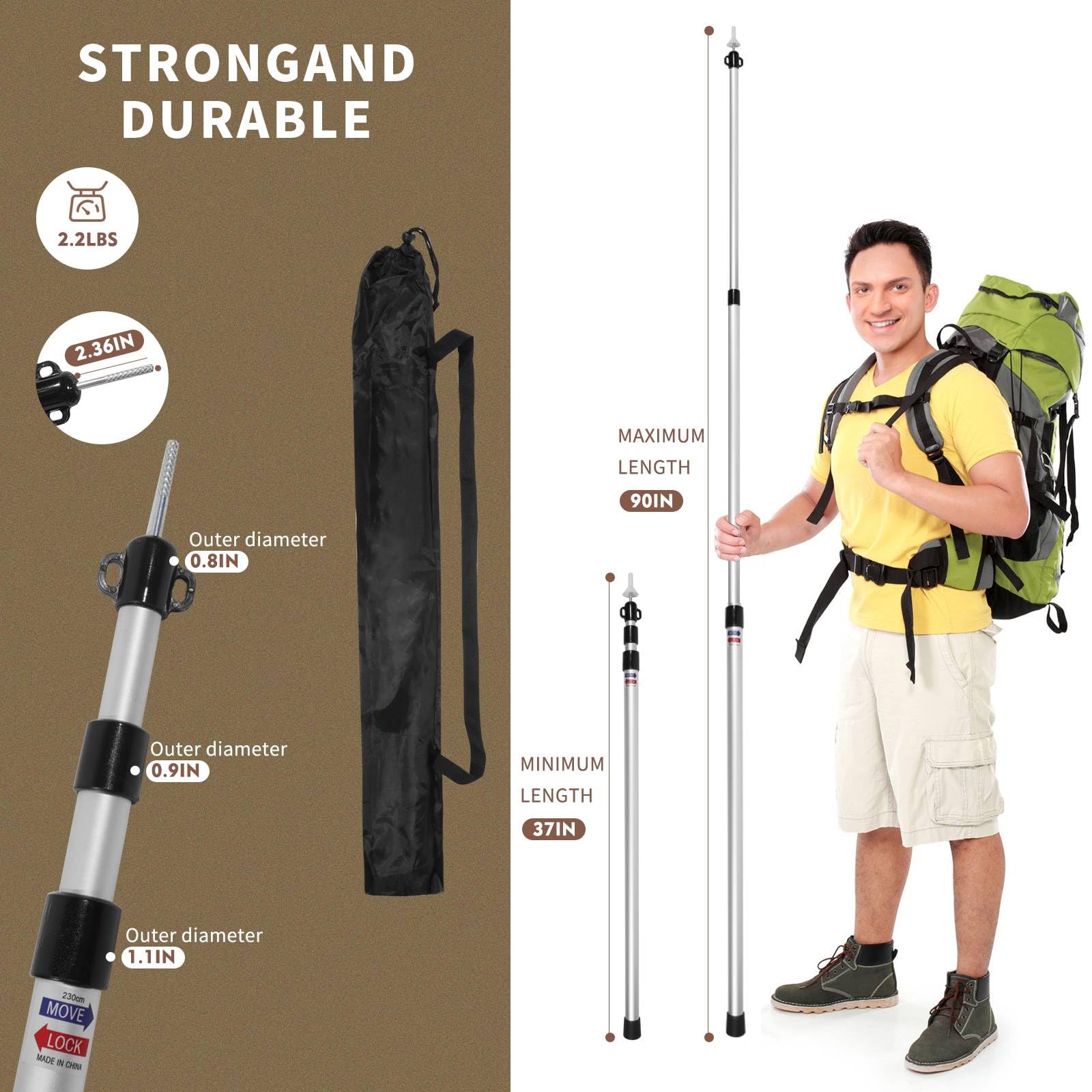 JCMCAMP Telescoping Tarp Poles - 2 Pack, Extends To 7'6", Aluminum, For Camping Tents & Sun Shades - View #13