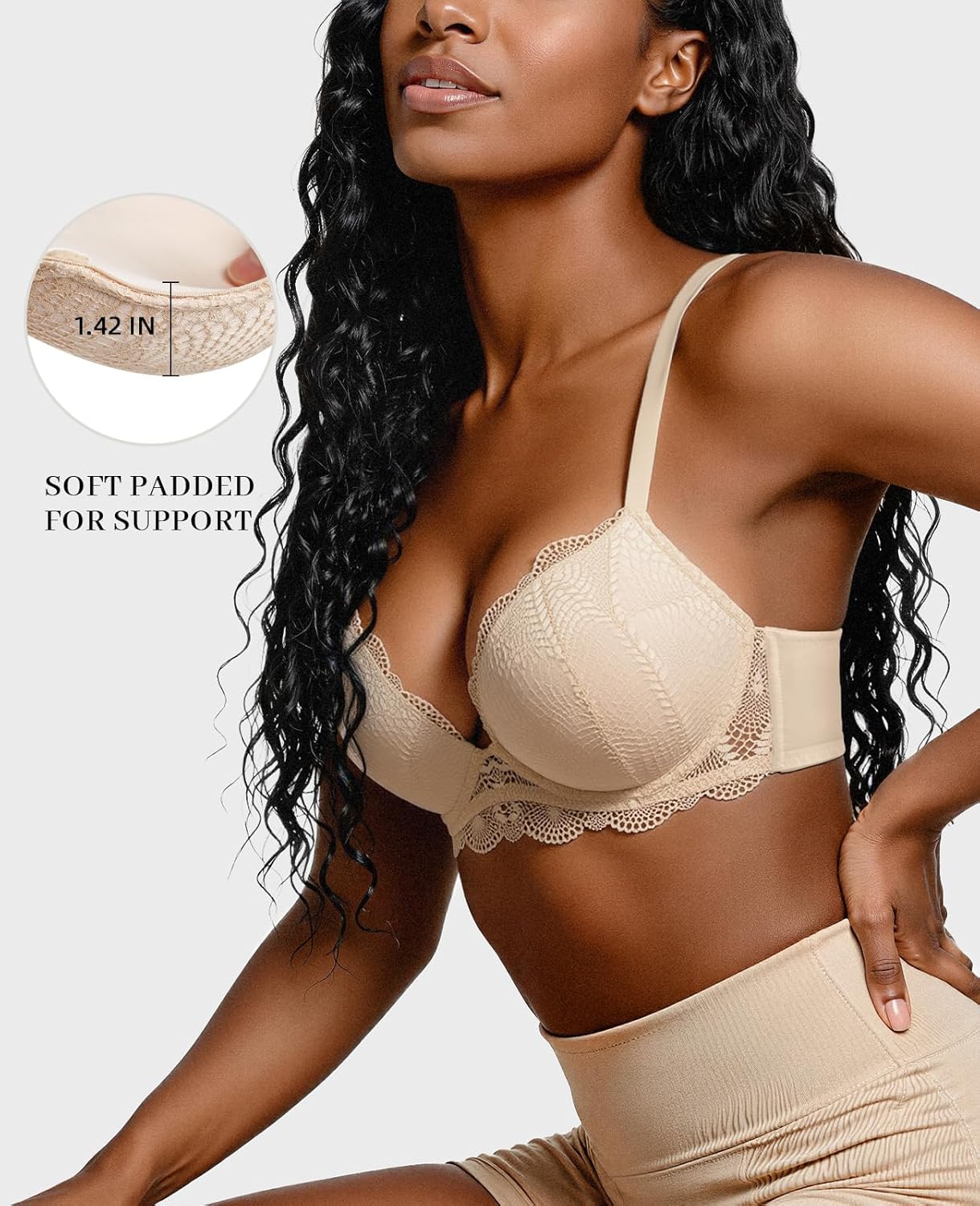 Plusexy Women's Push Up Lace Bra Comfort Padded Underwire Deep Plunge Bras Lift Up Add 2 Cups Nude 34B - Image 4
